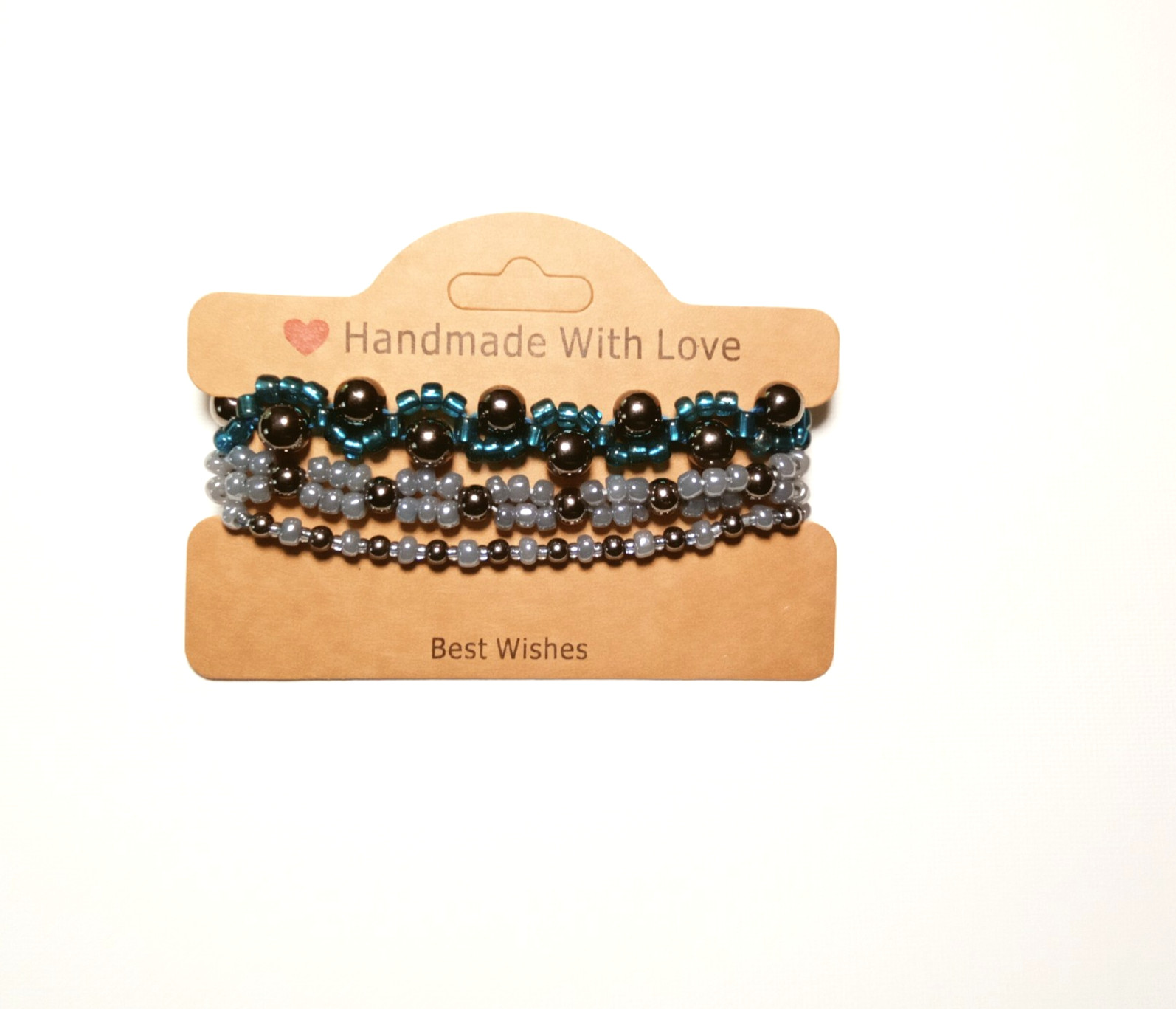 HANDMADE ADJUSTABLE 3PC METALLIC & GLASS BEADED BRACELETS