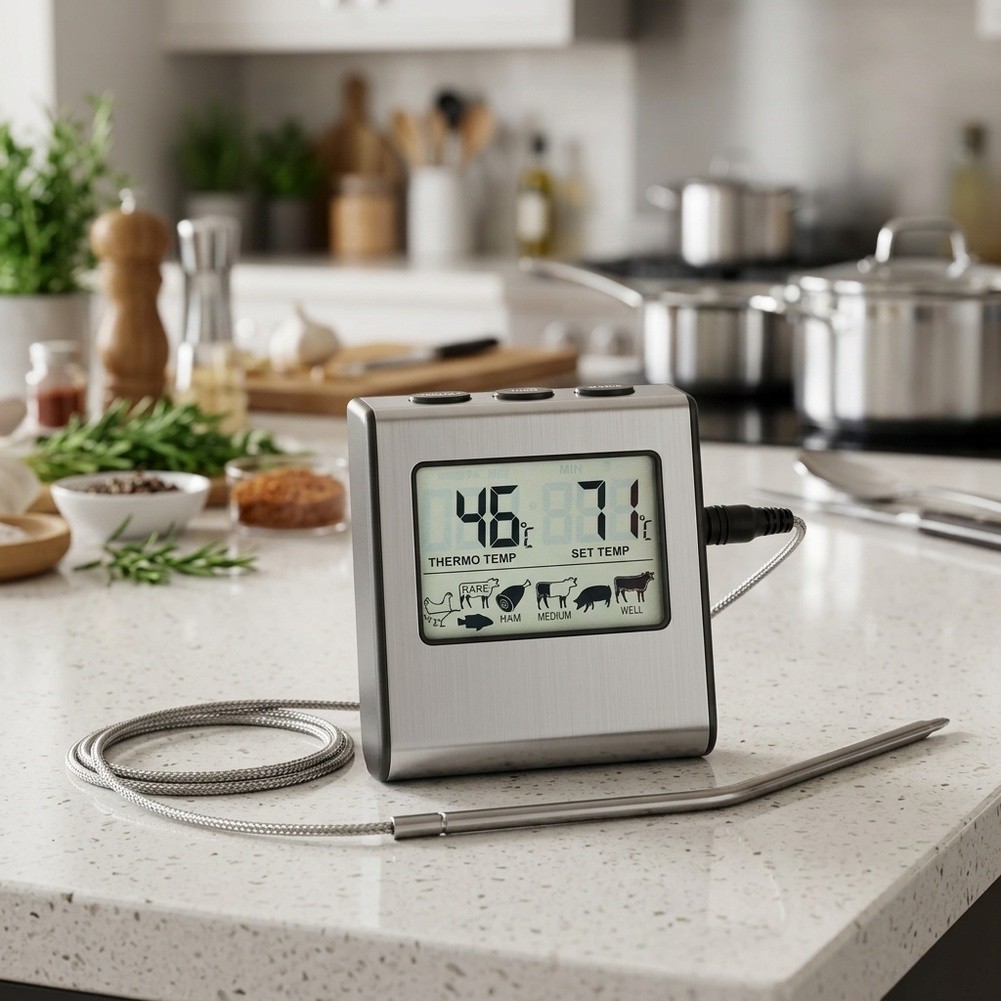LCD For cooking Thermometer with Timer Function and Stainless Steel Probe