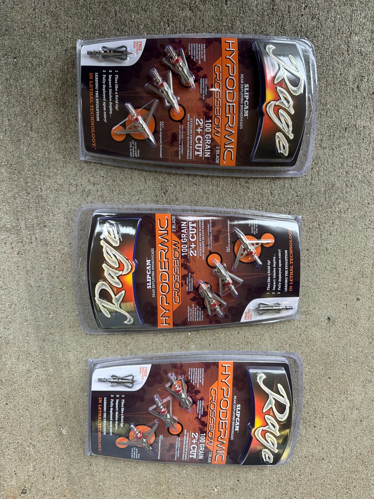 3 pks Rage Crossbow Hypodermic mechanical Broadheads 100 Grain w/ PRACTICE POINT