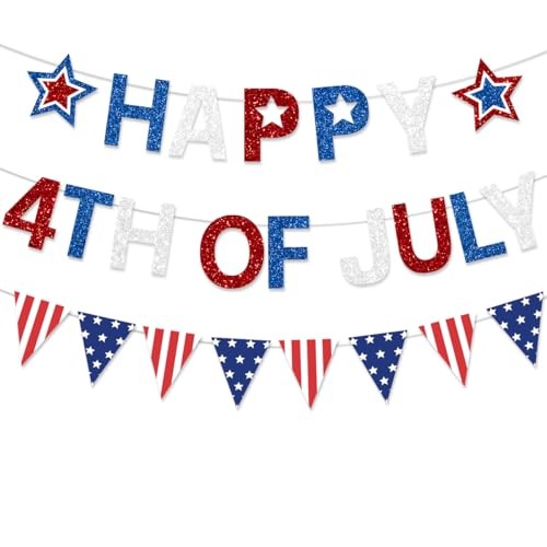 4th of July Banner Decorations Red White Blue Glitter Pennant Happy America