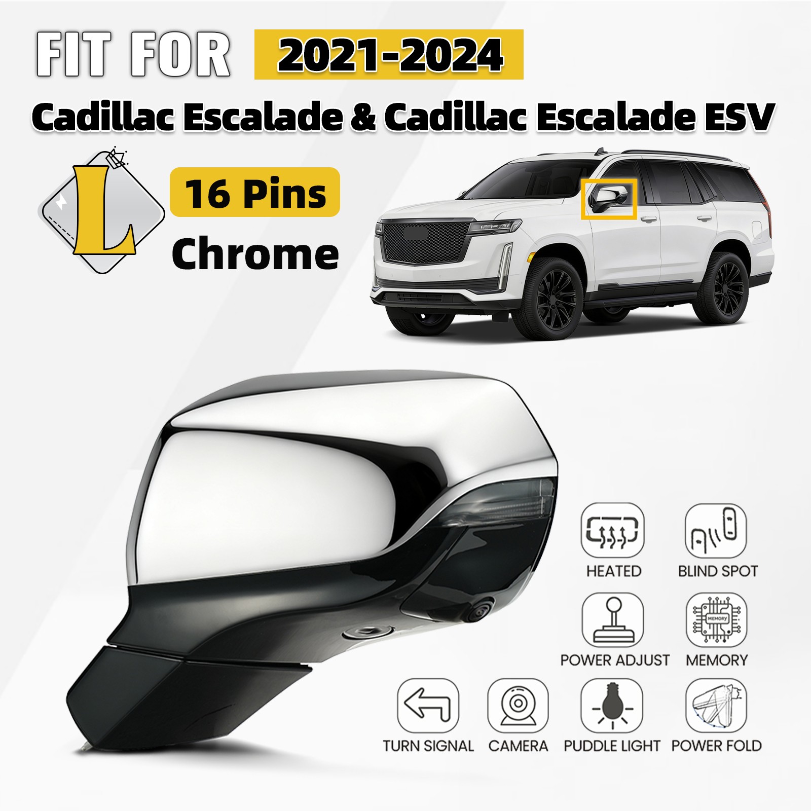 Side Mirror For 2021-2024 Cadillac Escalade W/Heated & Puddle Light 16 Pins Left