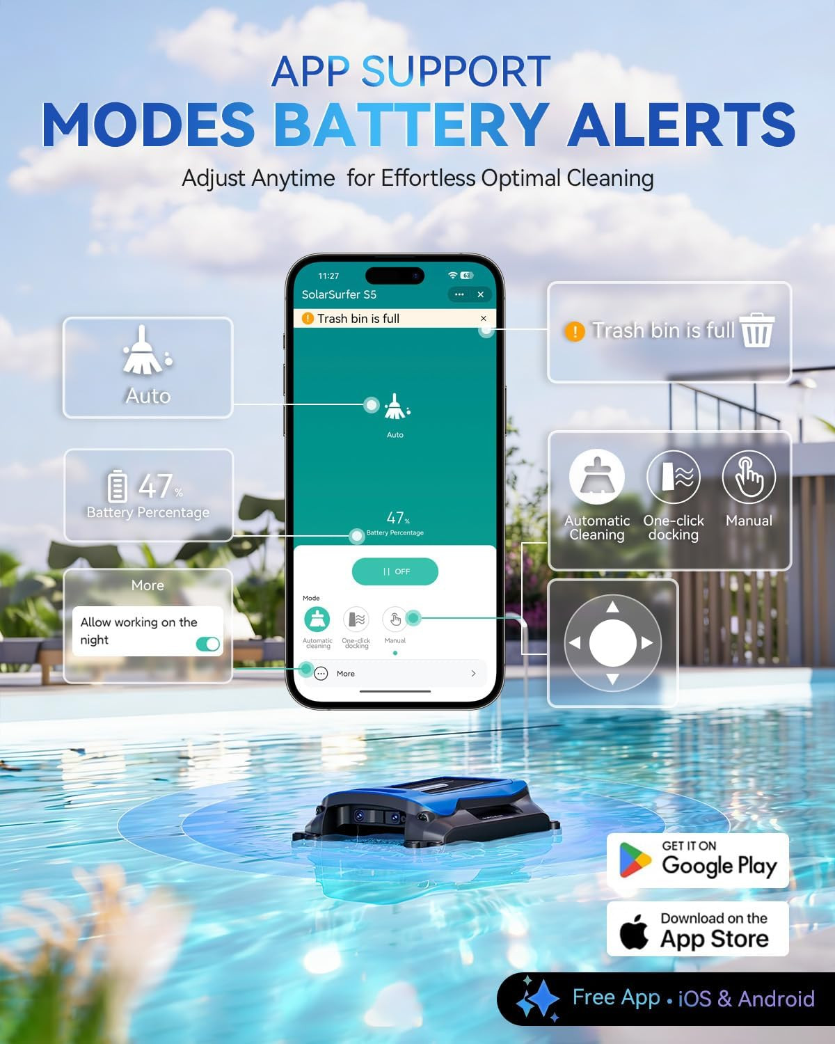 Solar-Powered Automatic Pool Skimmer Robot with APP for Inground Pools