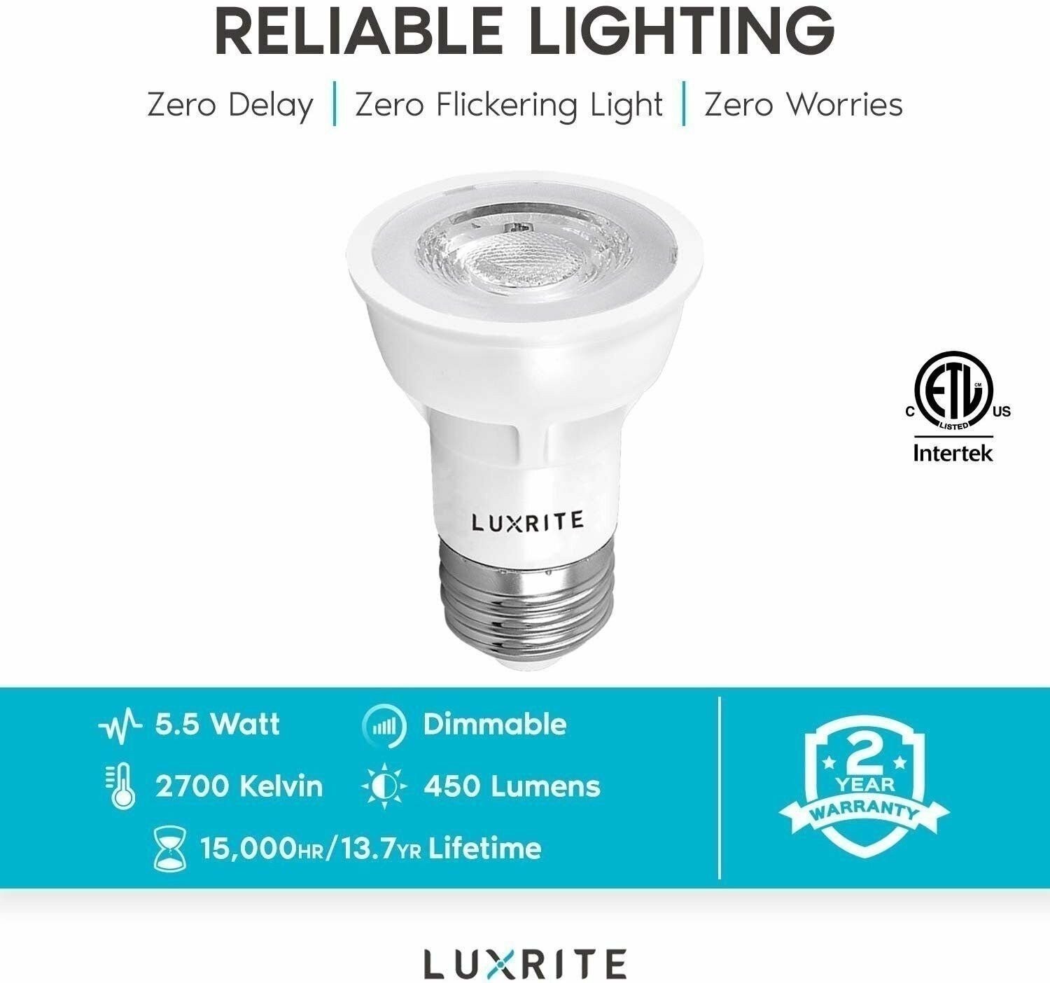 Luxrite PAR16 LED Bulb 2700K 450lm Enclosed Fixture Rated E26 Base 4-Pack