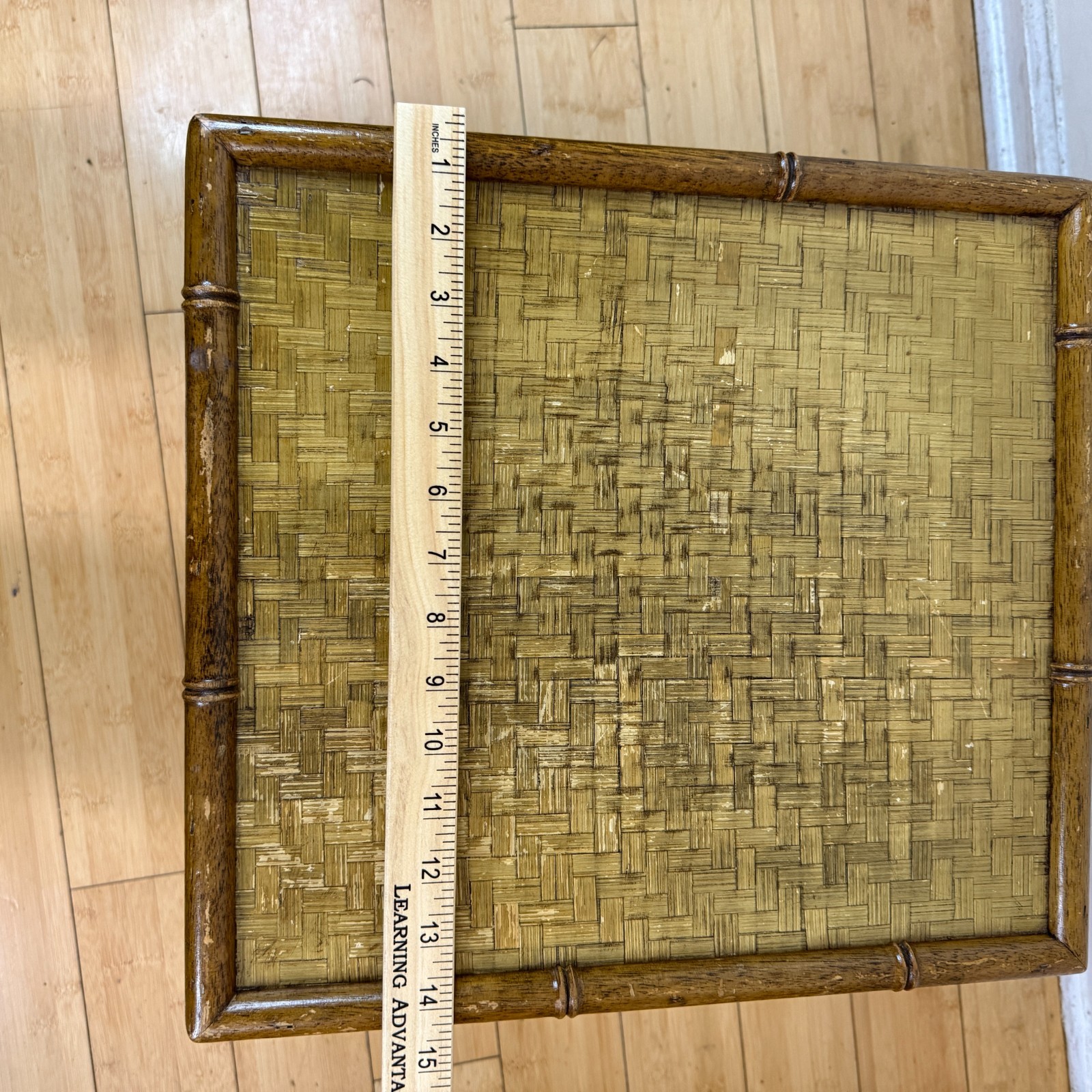 Vintage Bamboo Lidded Chest Trunk Hamper Herringbone Woven Wicker