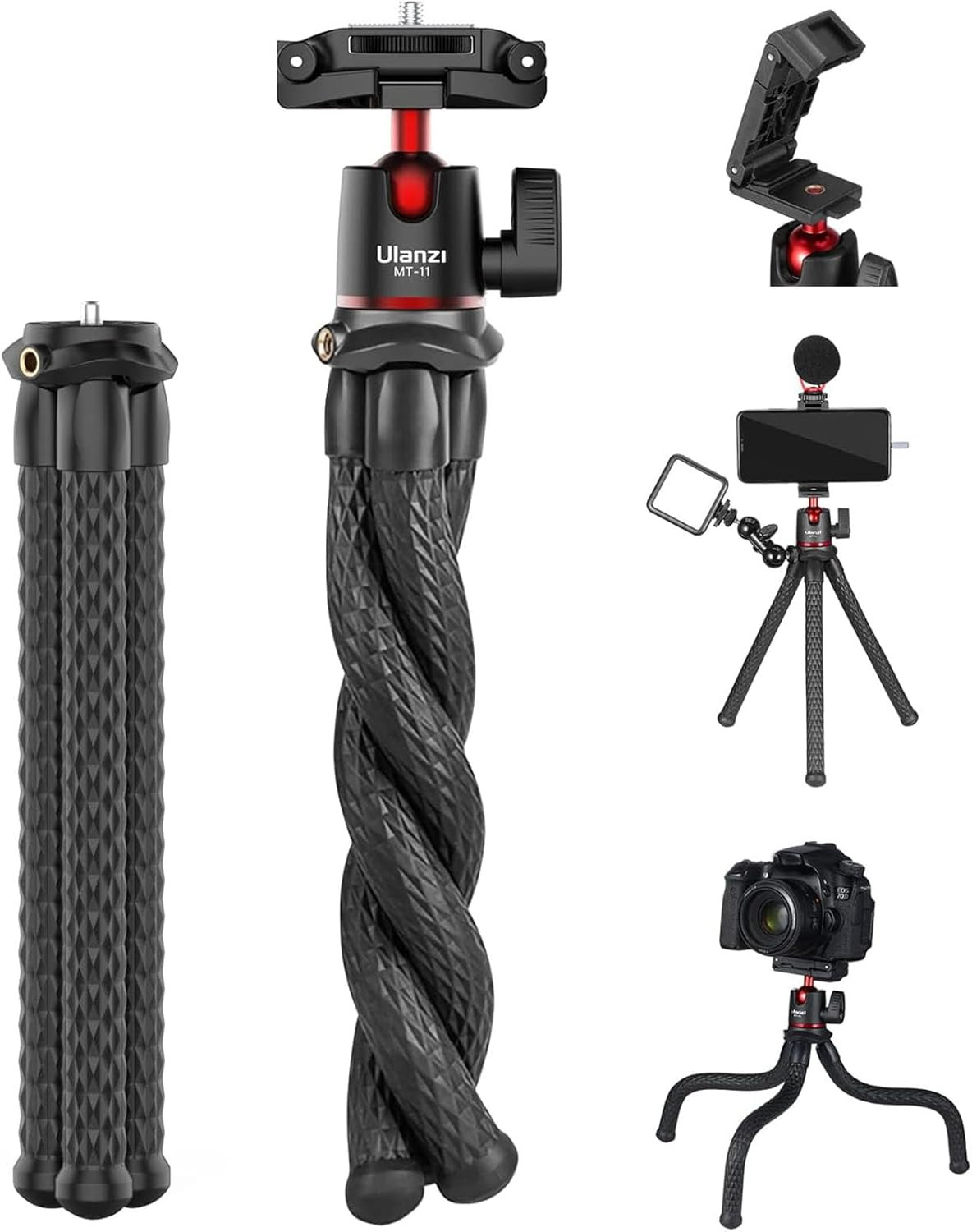 ULANZI Camera Tripod, Mini Flexible Stand w Hidden Phone Holder w Cold Shoe Moun