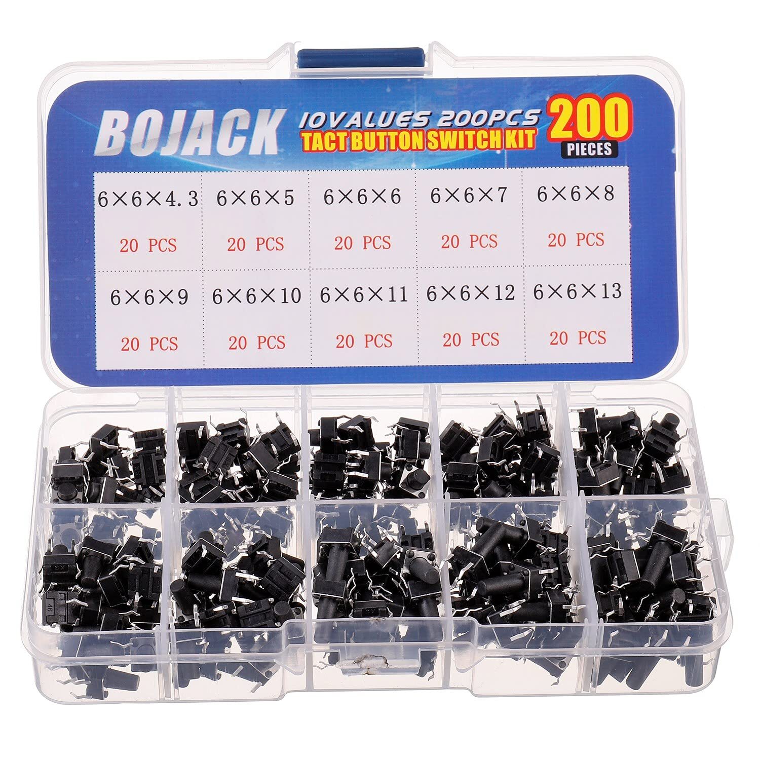Assorted 200 Pcs Tactile Pushbutton Switches 10 Varieties 6x6 mm Momentary