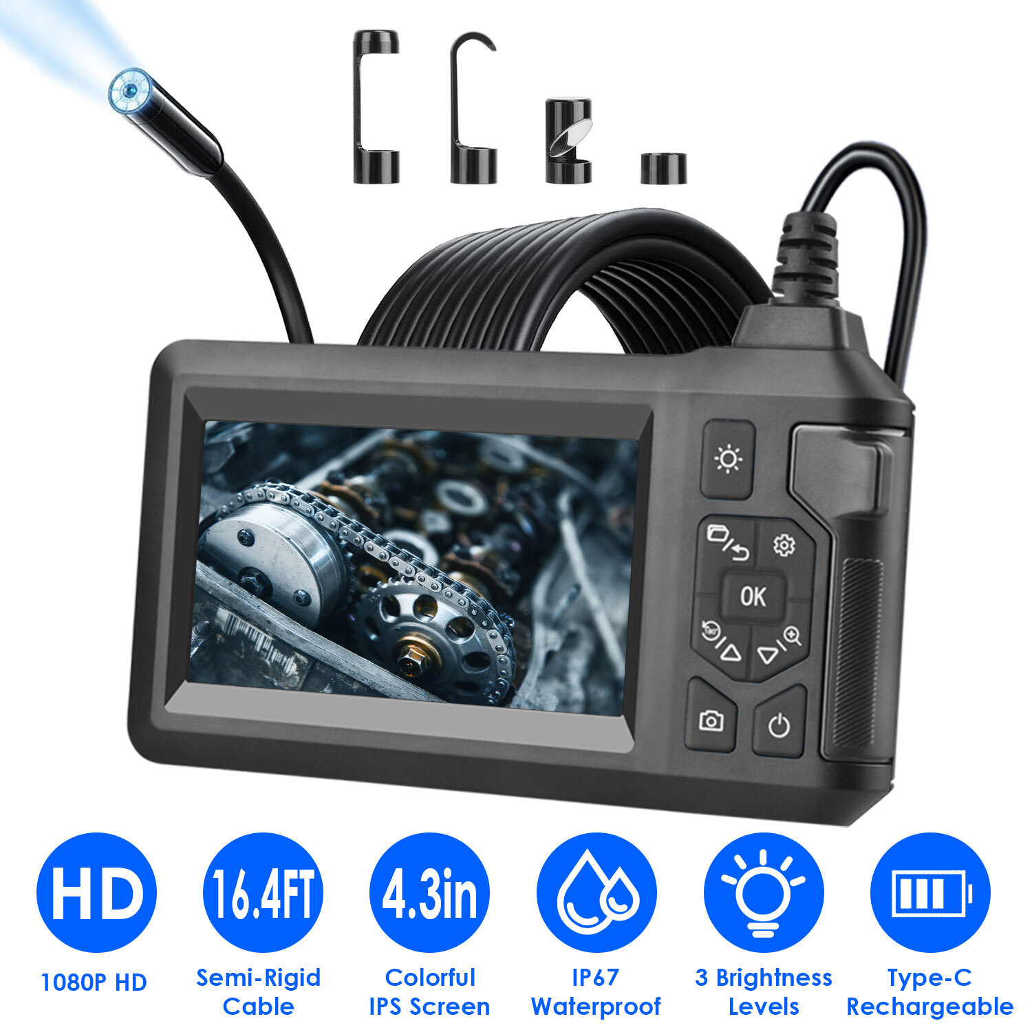 4.3" Screen Industrial Endoscope Borescope 1080P Semi-Rigid Inspection Camera