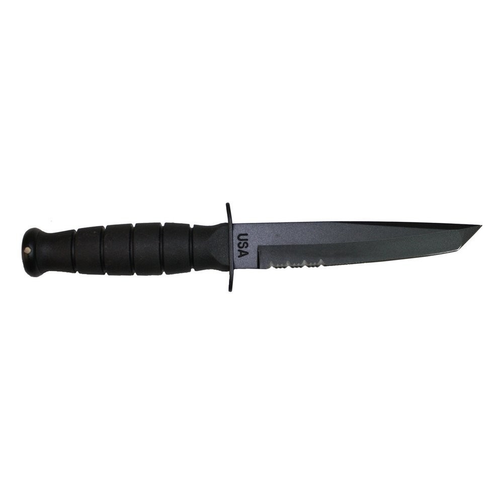 KA-BAR Short Tanto, Black, Serrated Edge + Leather Sheath, Made in USA #1255