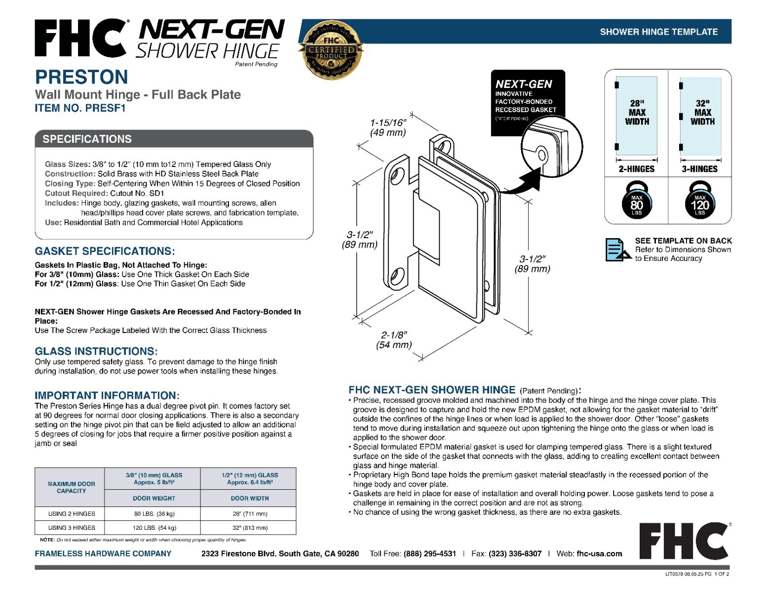 FHC Preston Wall Mount Hinge Full Back Plate Brass Polished Chrome Finish
