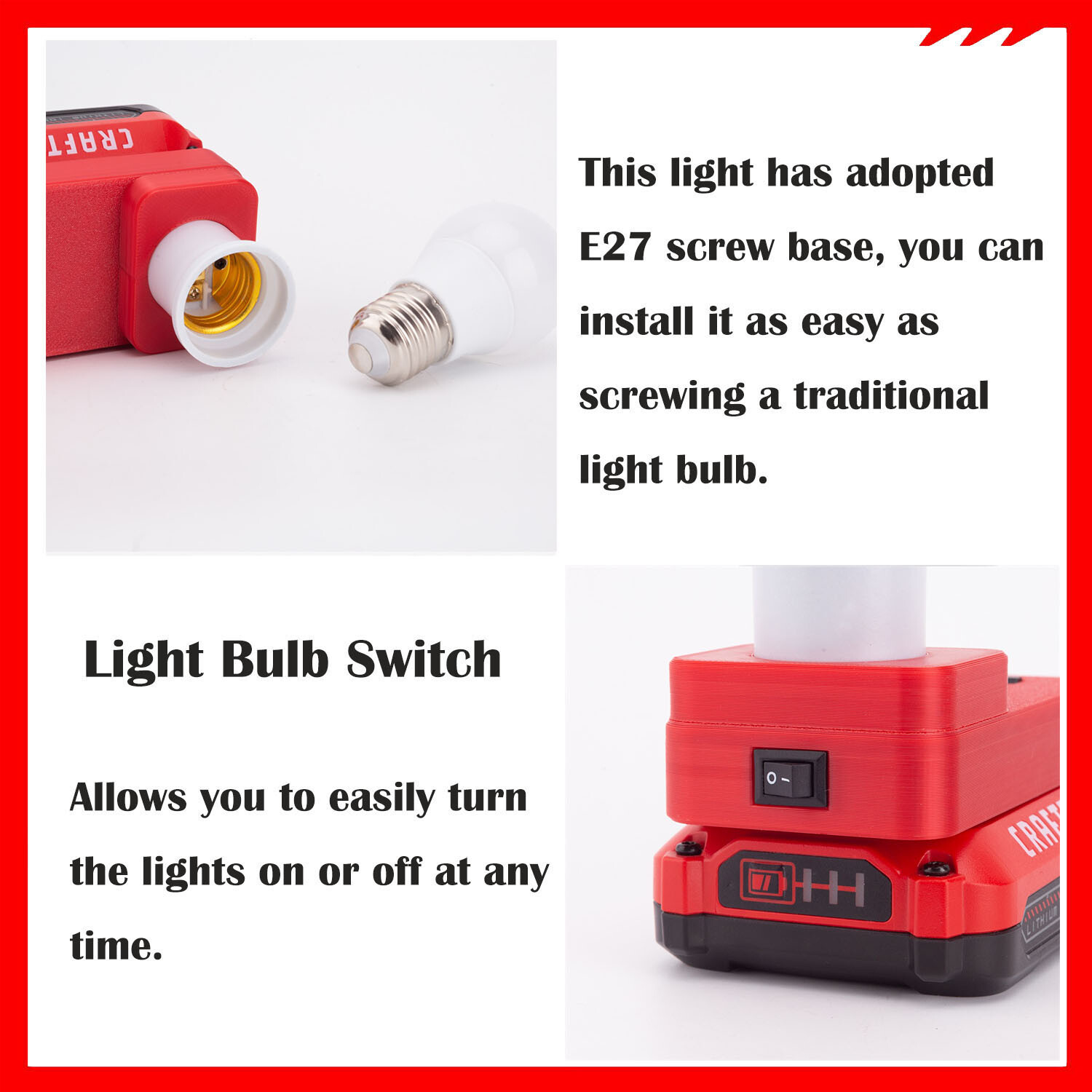 Portable LED Work Light For Craftsman 20V Series Lithium Battery E27 Bulb Lamp