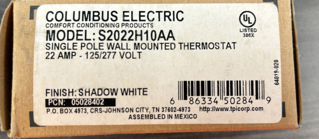 Columbus Electric Single Wall Mounted Thermostat S2022H10AA