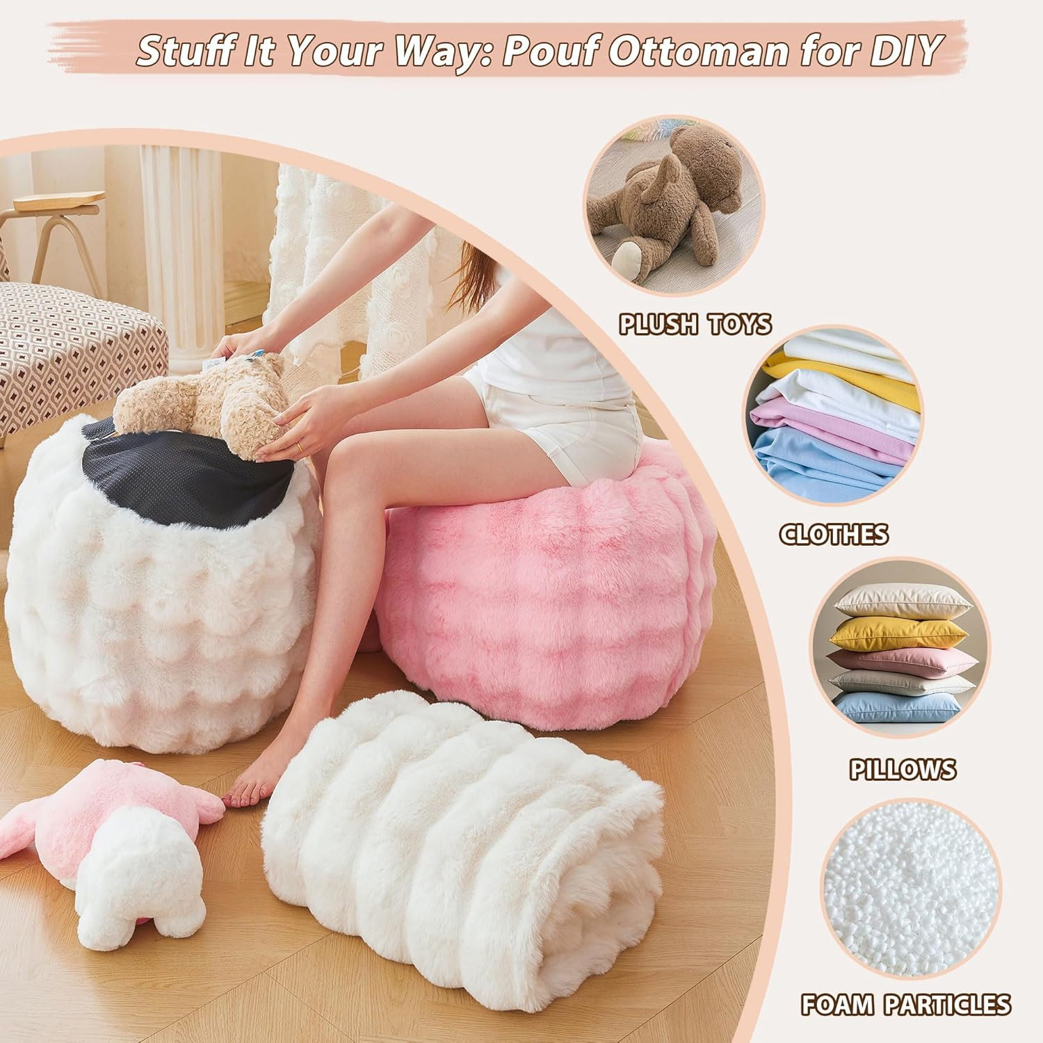 Faux Rabbit Fur round Inflatable Pouf Ottoman, 20" X 16" Plush Fuzzy Waffle Bubb