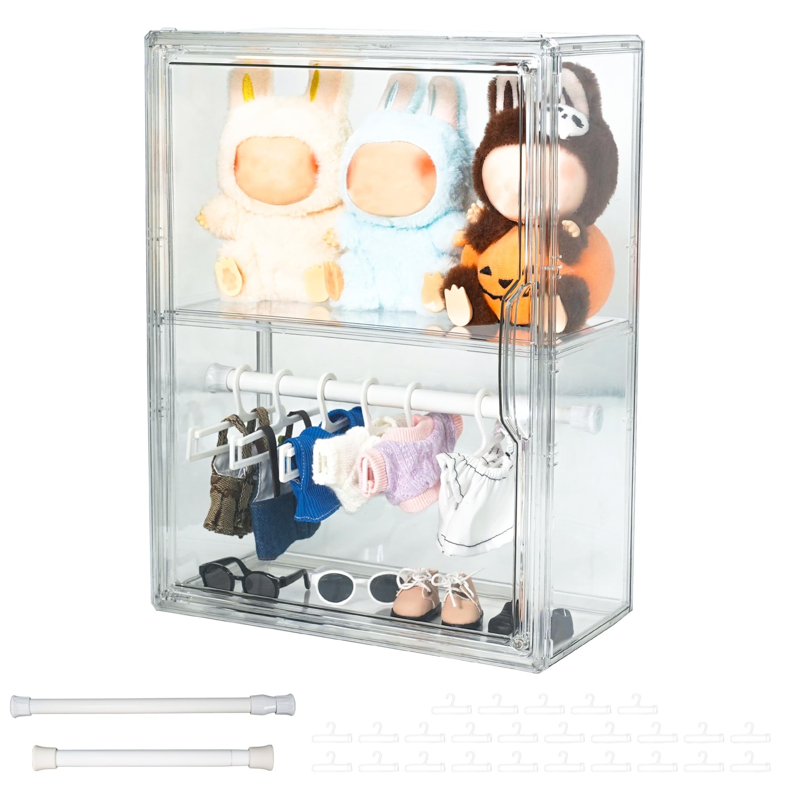Clear Doll Display Case Compatible with Labubu- 2 Tier Organizer for 7 Inch D...