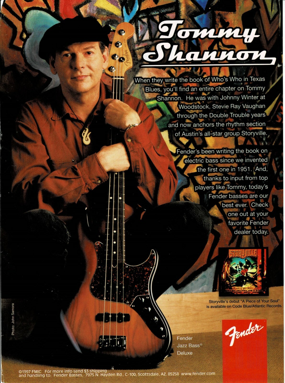 Tommy Shannon of Storyville - FENDER GUITARS - 1998 Print Advertisement