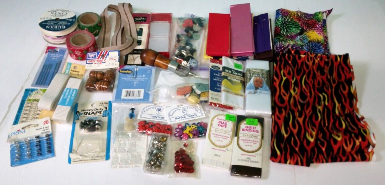 Sewing Supplies Lot Of Vtg Bindings Awl Buttons Material Ribbon Snaps & More-S4