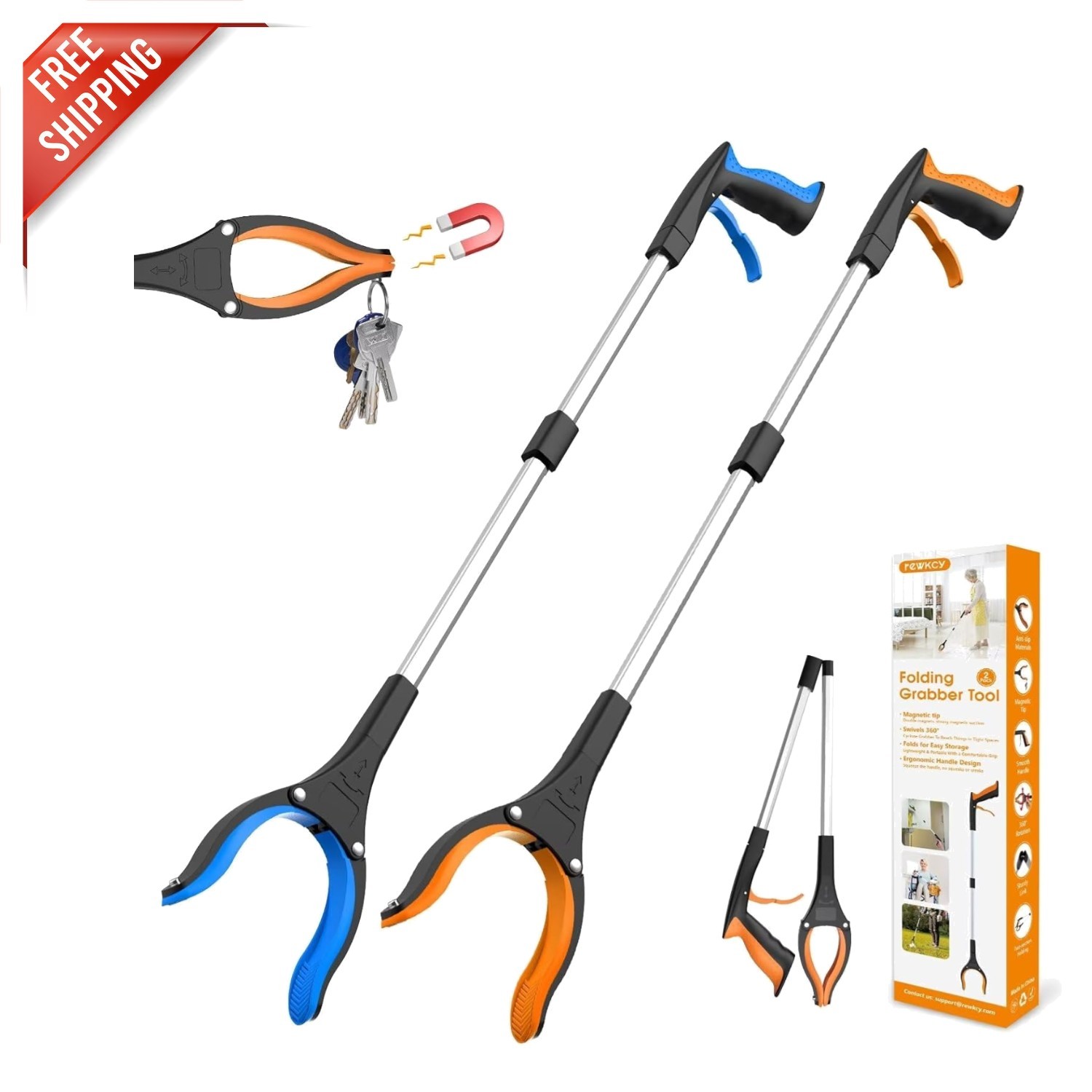 32" Lightweight Reacher Grabber - Compact Folding Tool with Strong Grip & Magnet