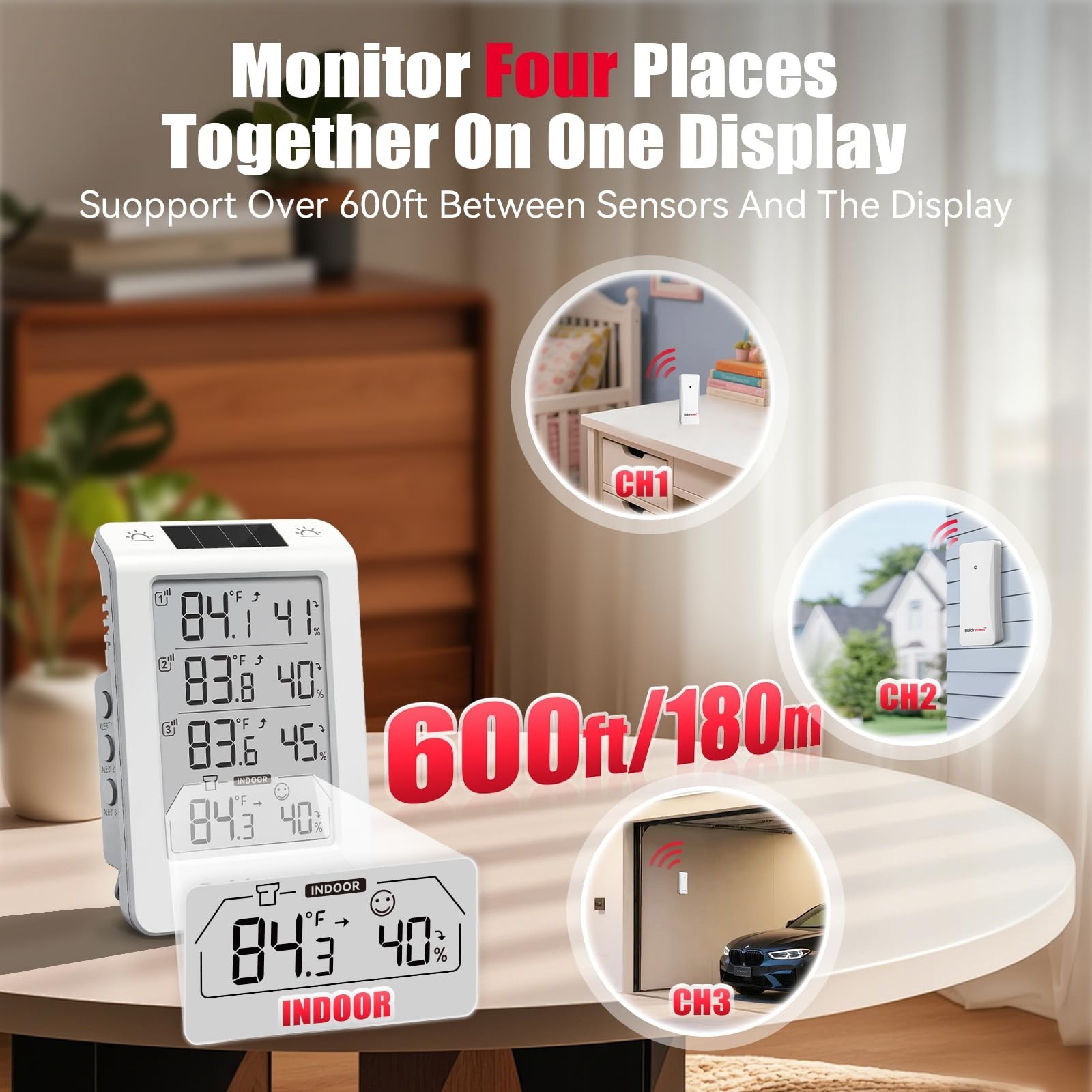 BaldrTherm Wireless Three Channel Thermometer Hygrometer, Large Display Tempe...