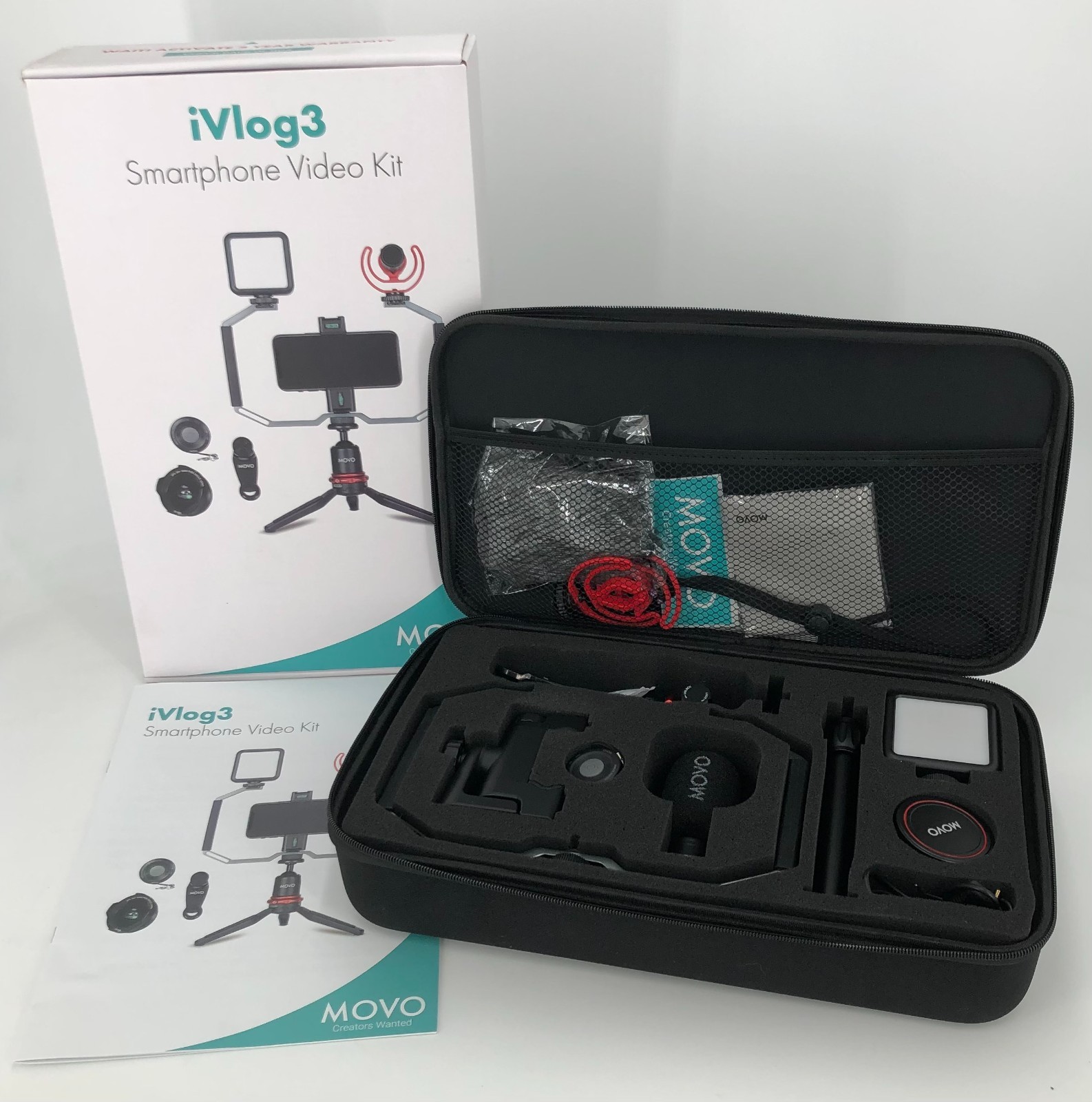 Movo iVlog3 Smartphone Video Bundle VXR10-PRO Microphone Mini Tripod LED Light +