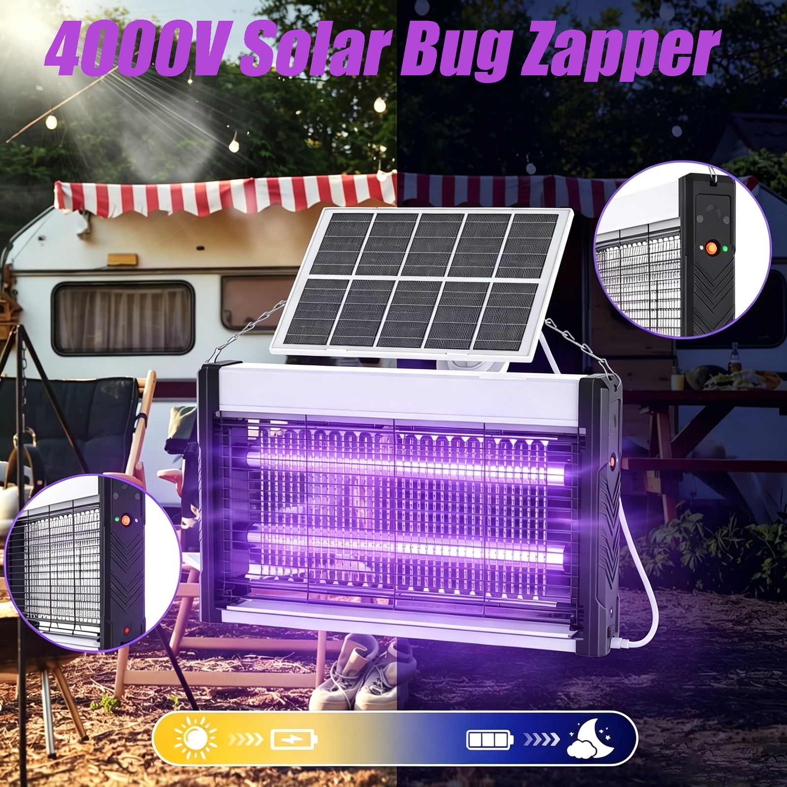4000V Powerful Solar Fly Killer, Electric Fly Zapper with Battery for Indoor ,e