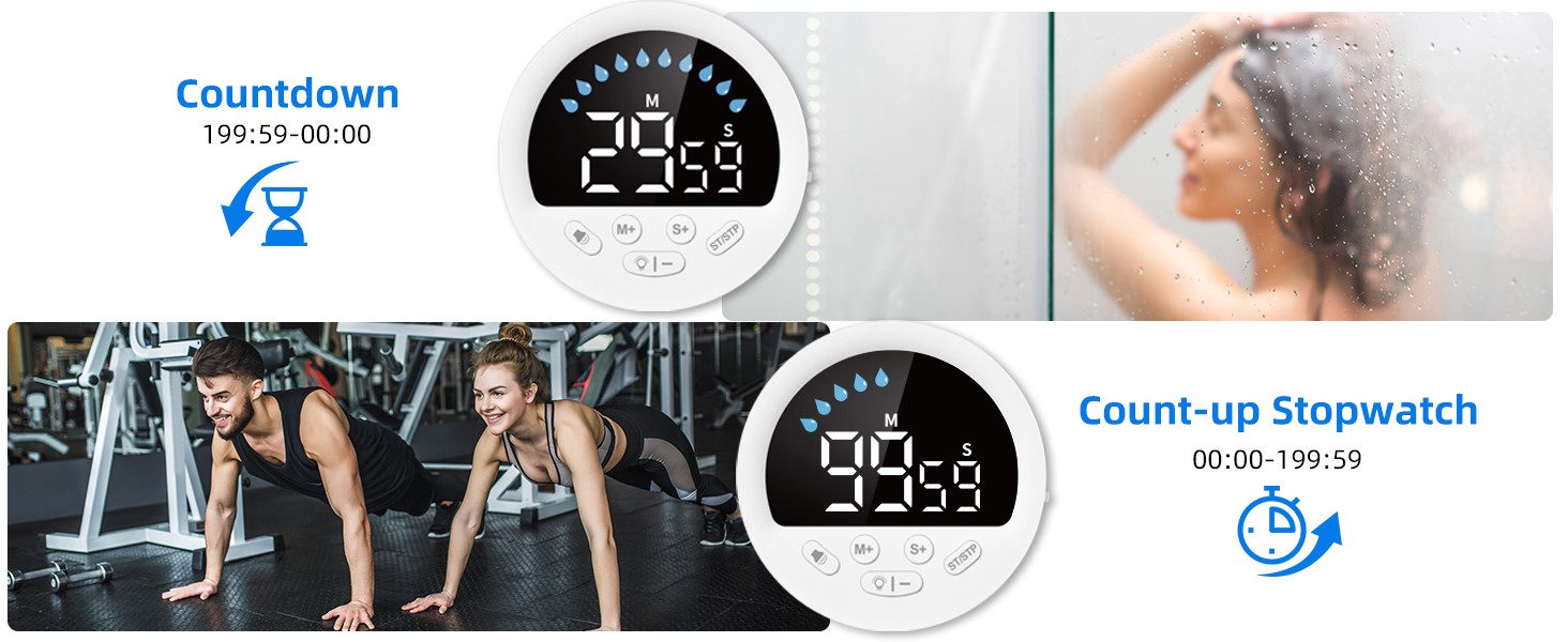 Waterproof Shower Countdown Timer: Large LED Display, ADHD Tool for Kids Adults,