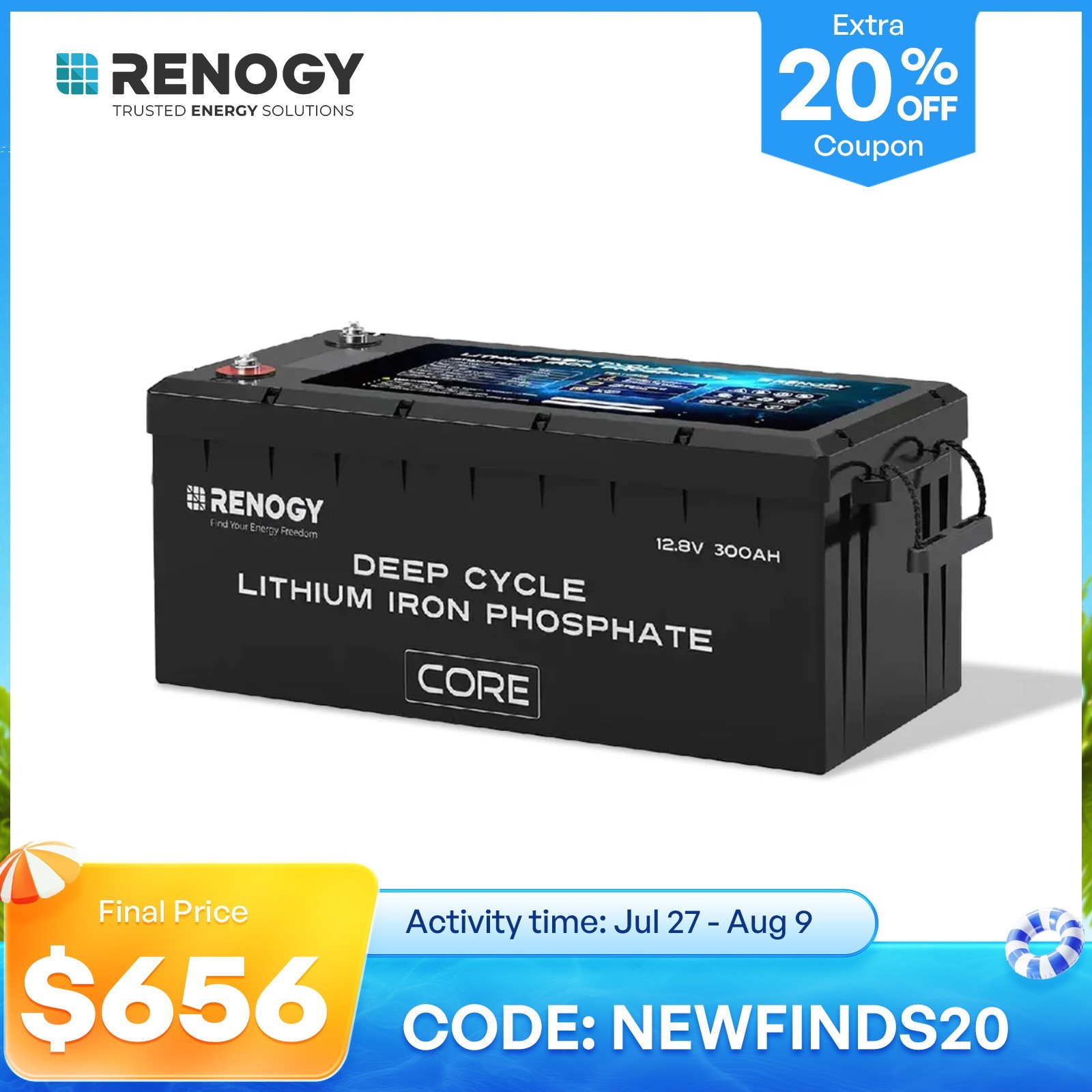 Renogy 12V 300Ah Series Deep Cycle Lithium Iron Phosphate Battery w/Self-Heating