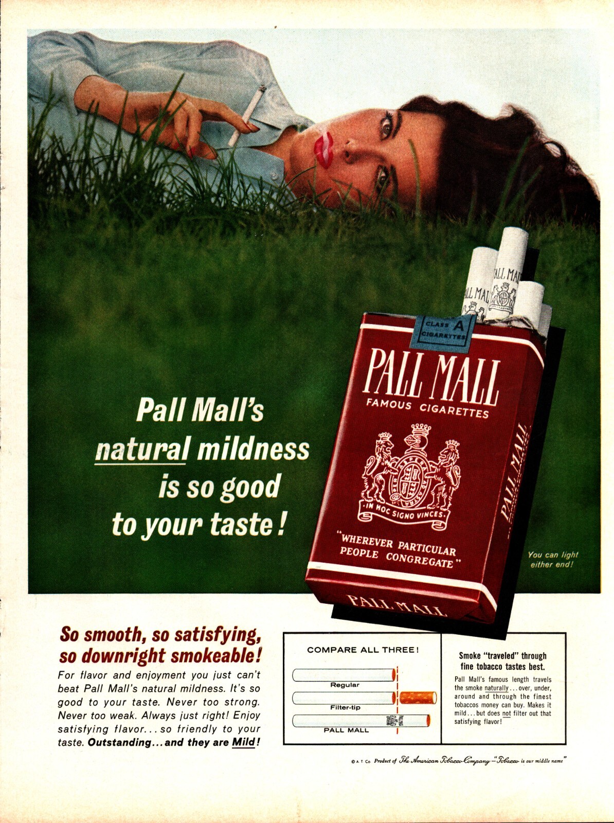 1963 Pall Mall Cigarettes Vintage Print Ad Pretty Woman In Grass Natural Mild