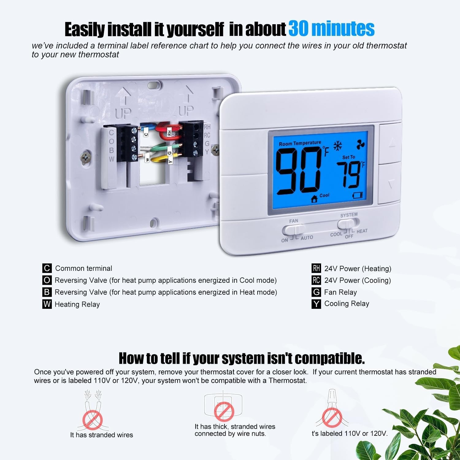 Single Stage 1H/1C Thermostat - Large LCD with Temperature & Humidity Display