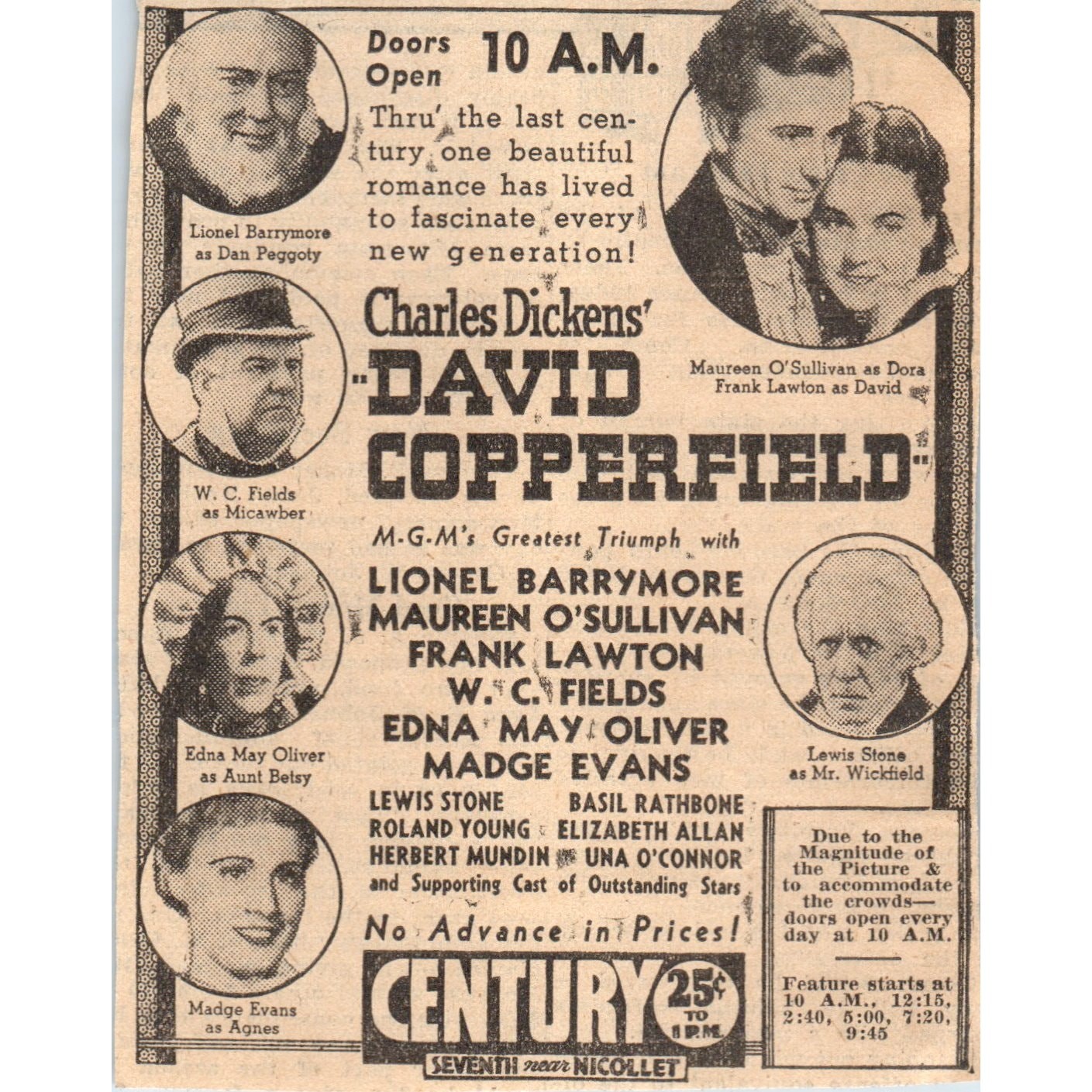 1935 Mpls Journal Newspaper Ad Nicollet Century Theatre David Copperfield FL5-5