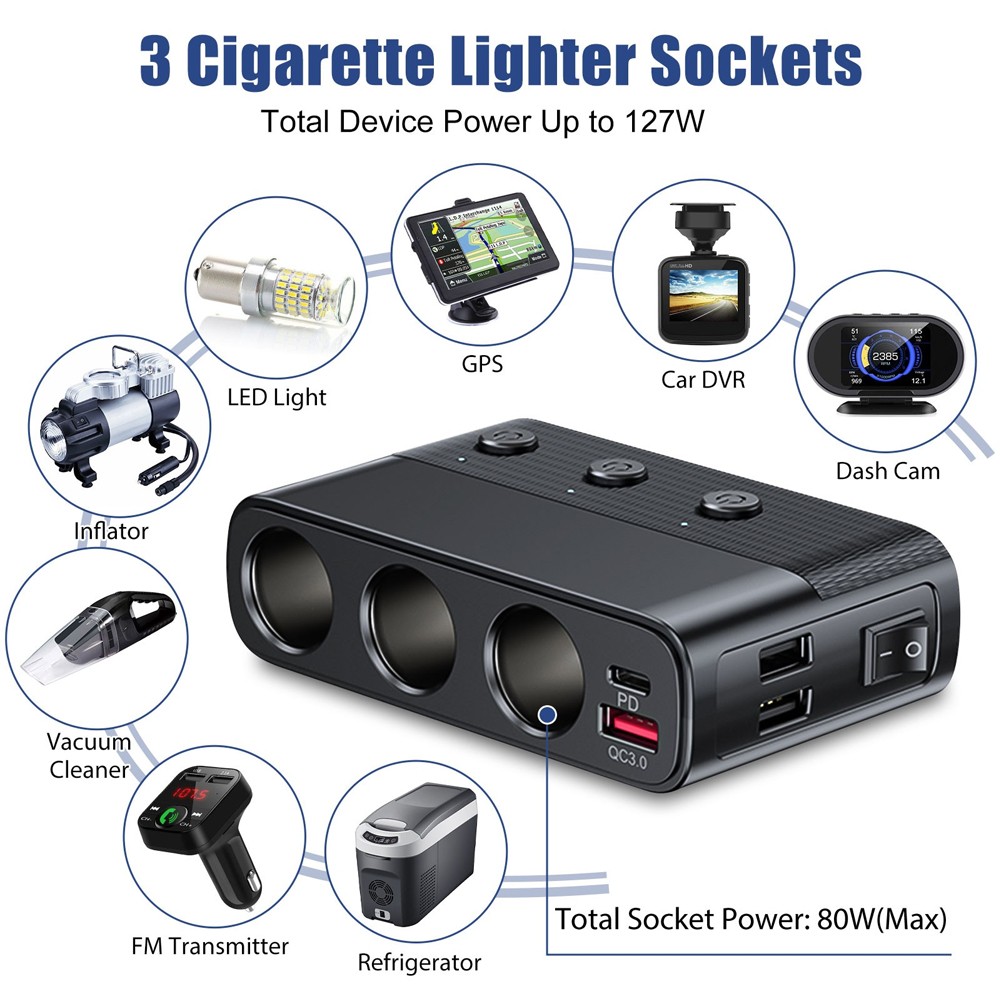 3 Way Car Cigarette Lighter Socket Splitter USB Fast Charger Power Adapter 12V