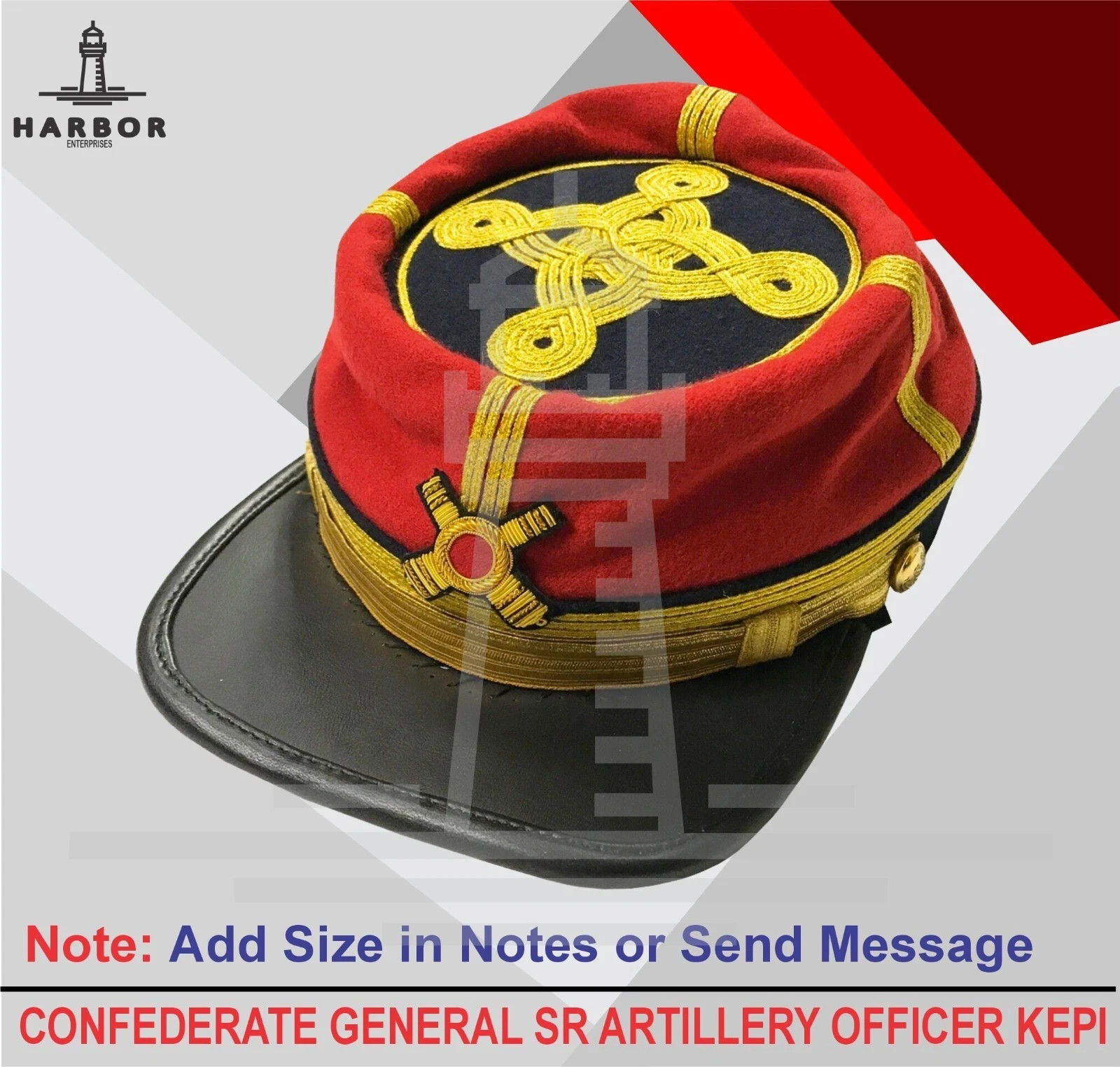 CIVIL WAR CONFEDERATE GENERAL SR ARTILLERY OFFICER KEPI FORAGE CAP HAT