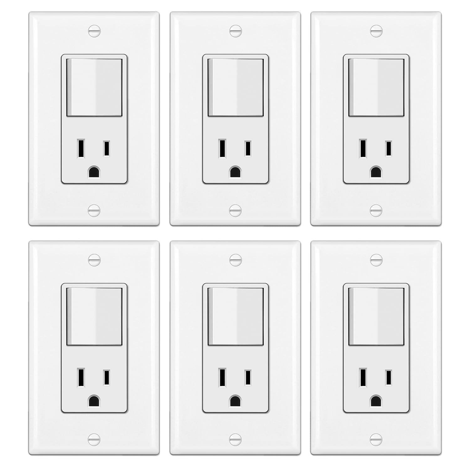 BESTTEN 6 Pack Combination Wall Light Switch and Decor Outlet, Single Pole Rocke