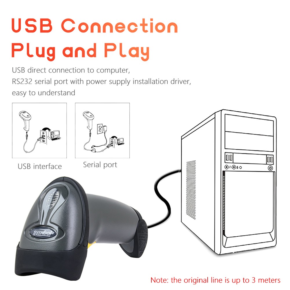 Zebra Symbol LS2208-SR20007R-NA 1D Barcode Scanner Reader w/ Stand+USB Cable
