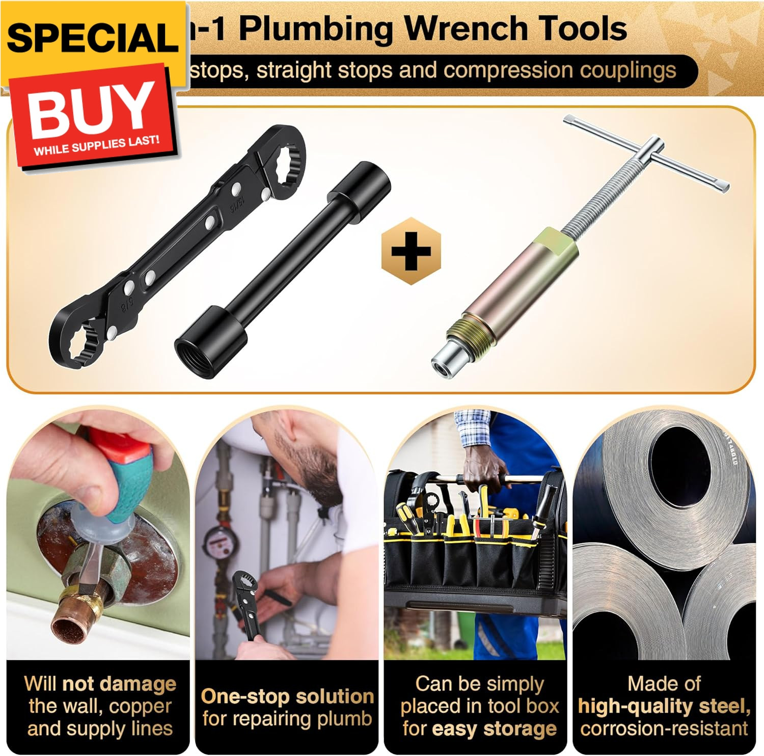 3 in 1 Plumbing Tools Angle Stop Wrench Kit with Compression Sleeve Puller Tool,