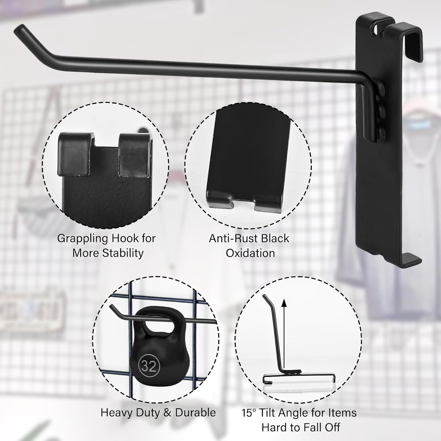 Gridwall Hooks - 4 Inch Heavy Duty Black Display Hooks for Grid Wall Panel Hangi