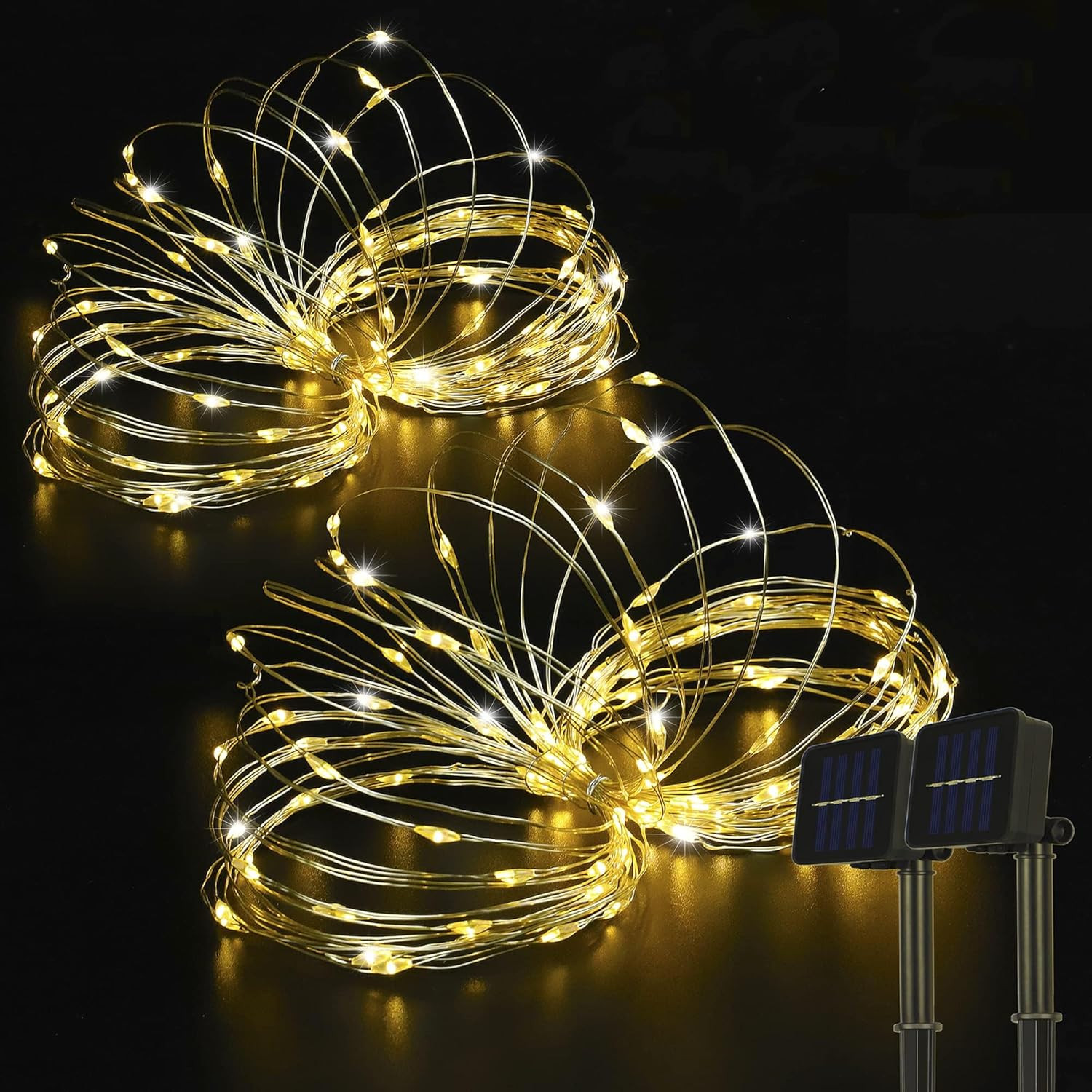2 Pack Total 66 FT 200 LED Solar Copper String Lights,Warm White | 8 Modes Solar