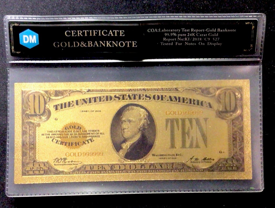 24K Gold $10 Ten Dollar Gold Certificate Banknote with Black COA! Novelty. ENN