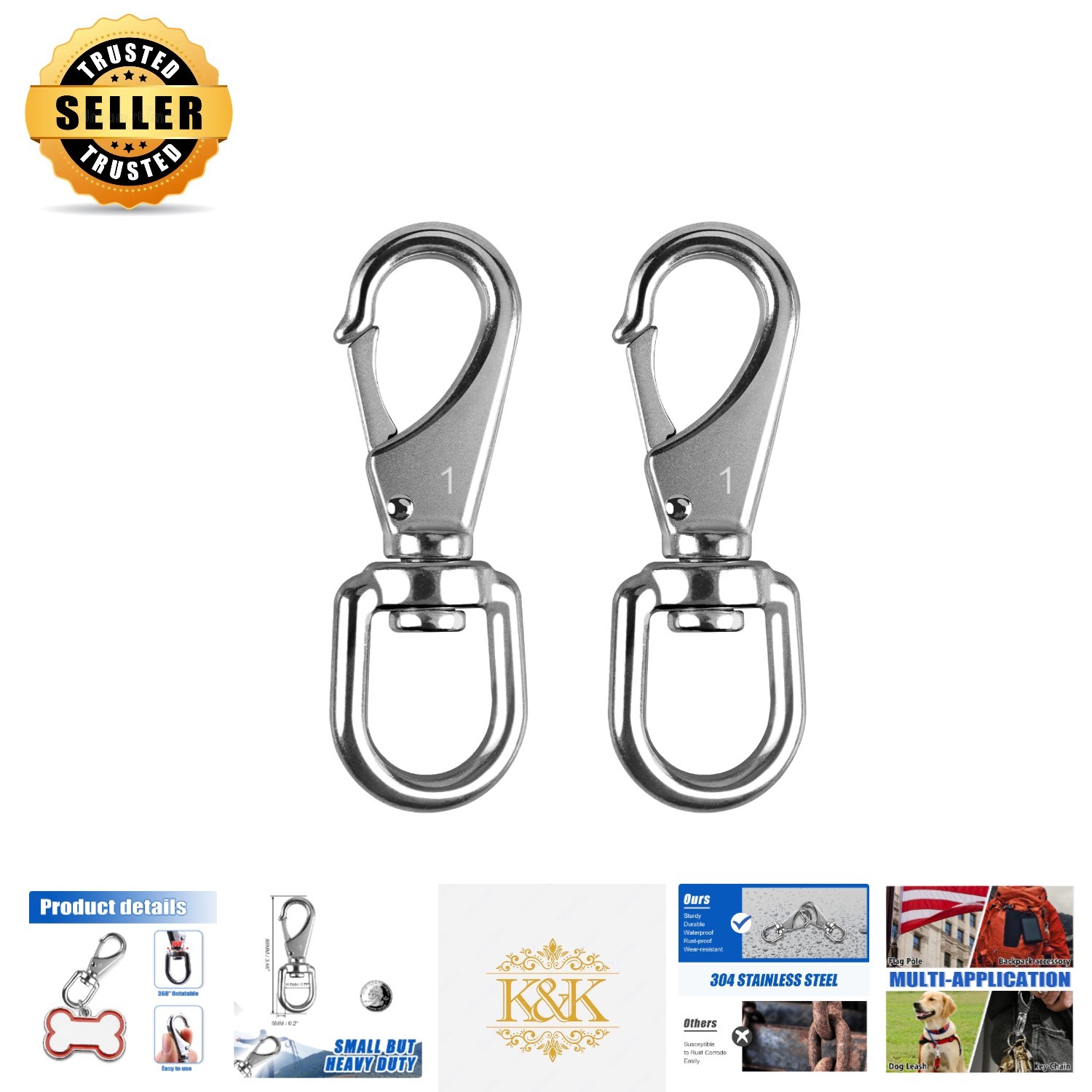 360-Degree Rotating Snap Hooks - 2 Pack for Boat, Flagpole, and Leash