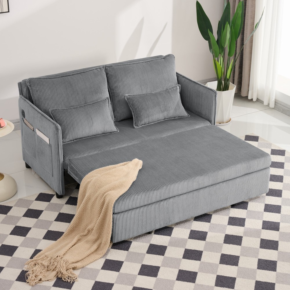 55" Convertible Sofa Bed w/ USB Ports & Storage, Grey Corduroy, Twin Size