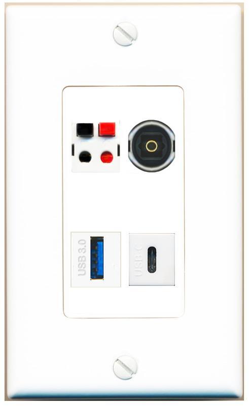 [4 Ports] SPEAKER TOSLINK USB-3 USBC Wall Plate DecorZ White