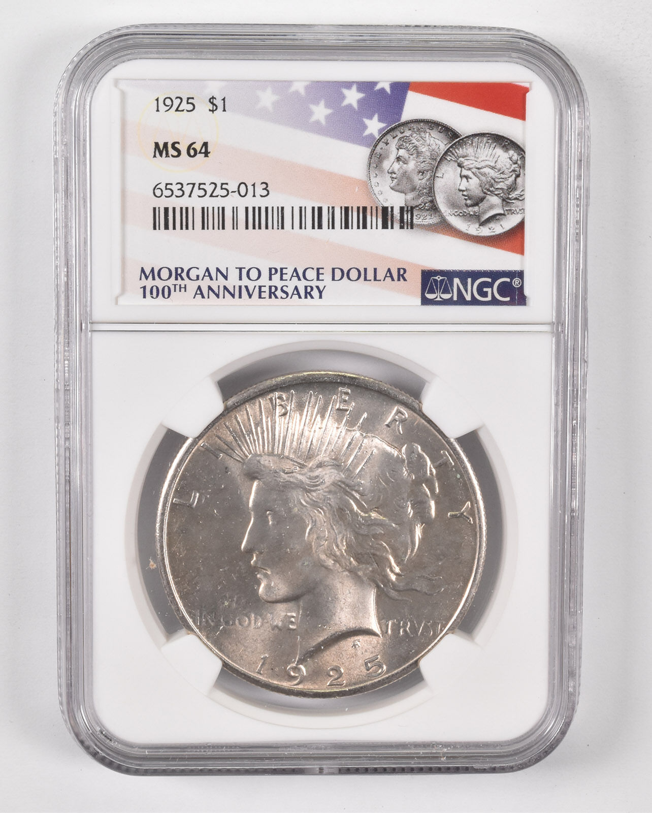 1925 Peace Silver Dollar MS64 NGC 2021 100th Ann Flag Lbl