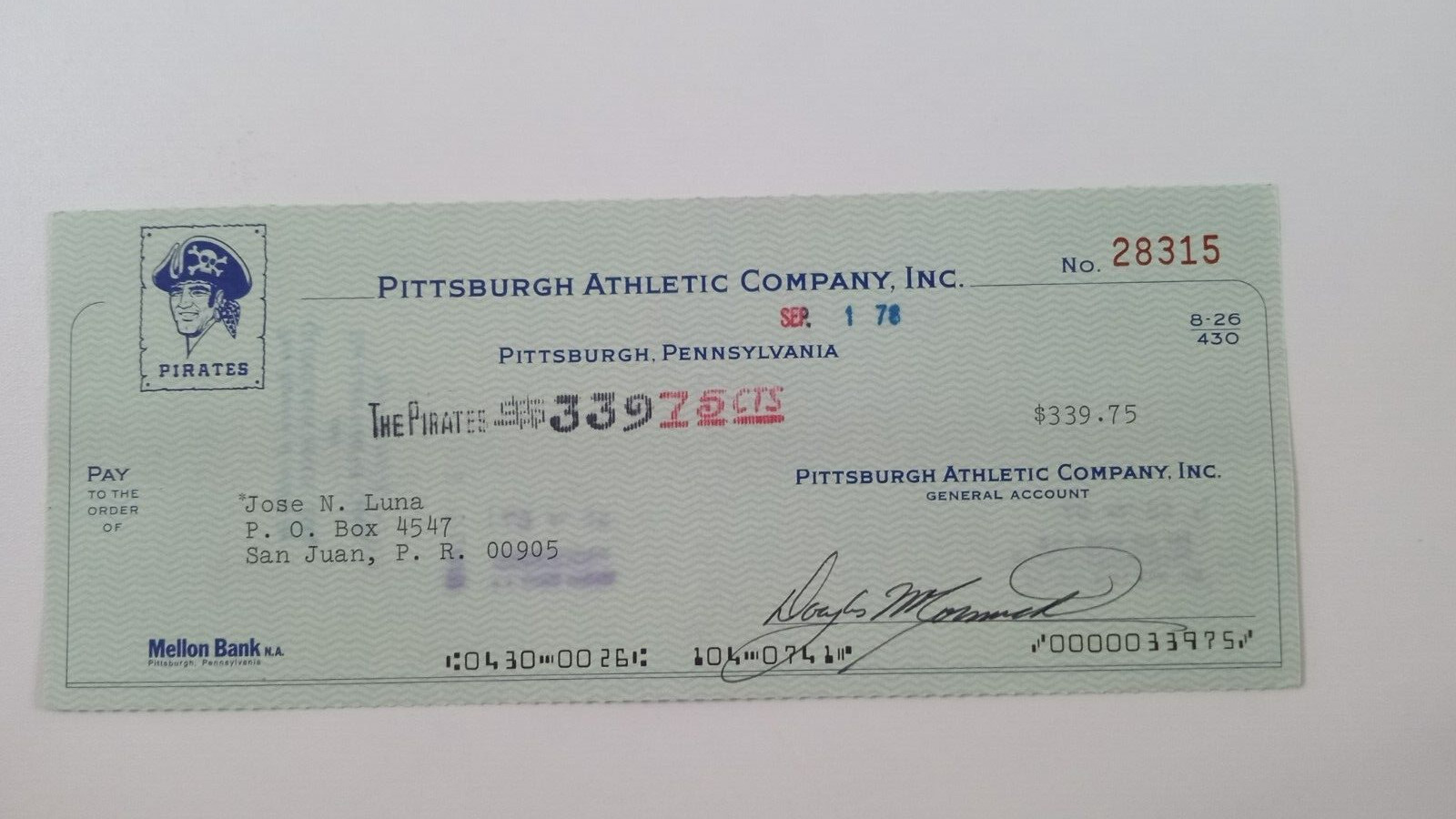 Jose N. Luna: 1978 Pittsburgh Pirates Expense Check