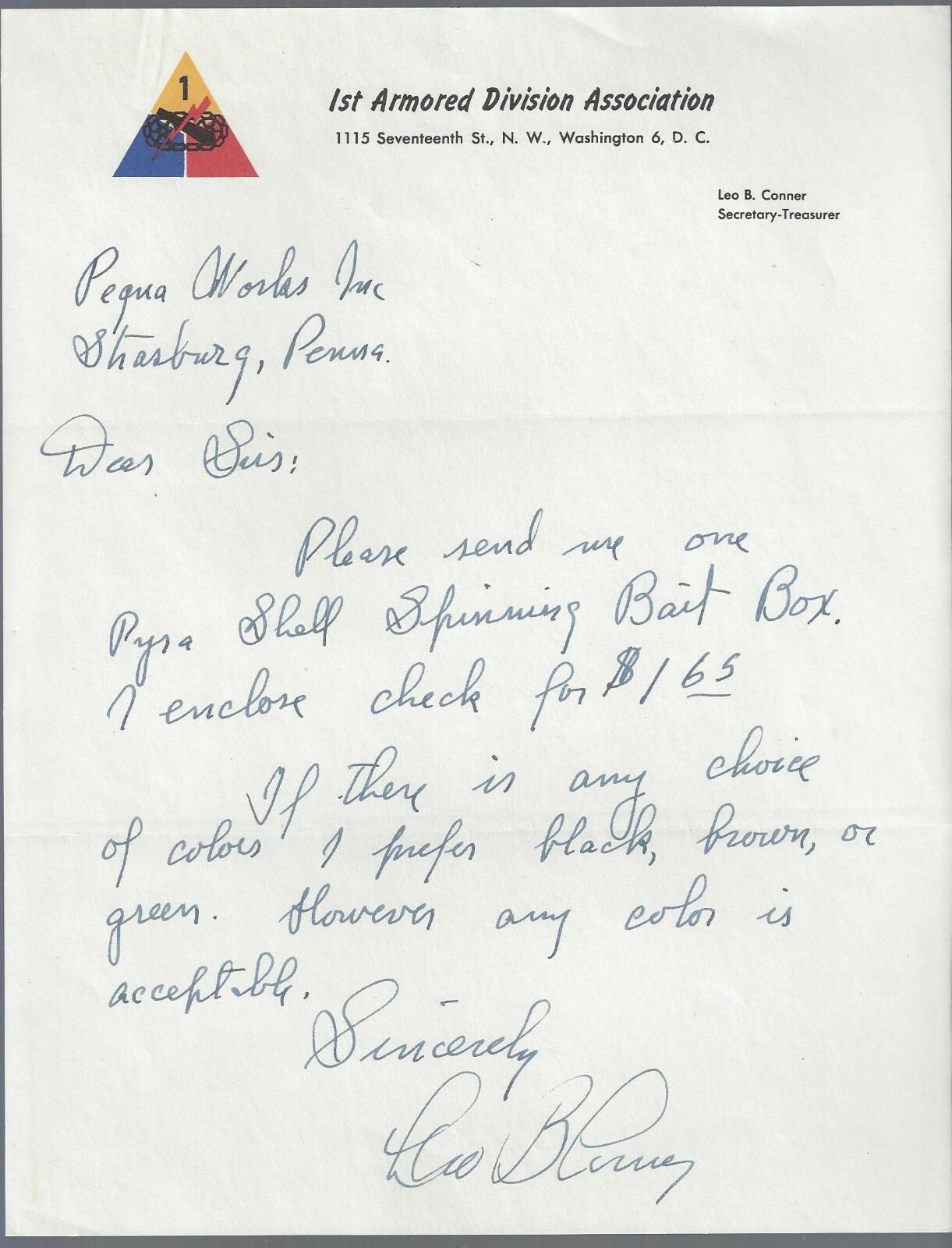 First Armored Division Letterhead Old Ironsides Col. Leo B Conner Fishing