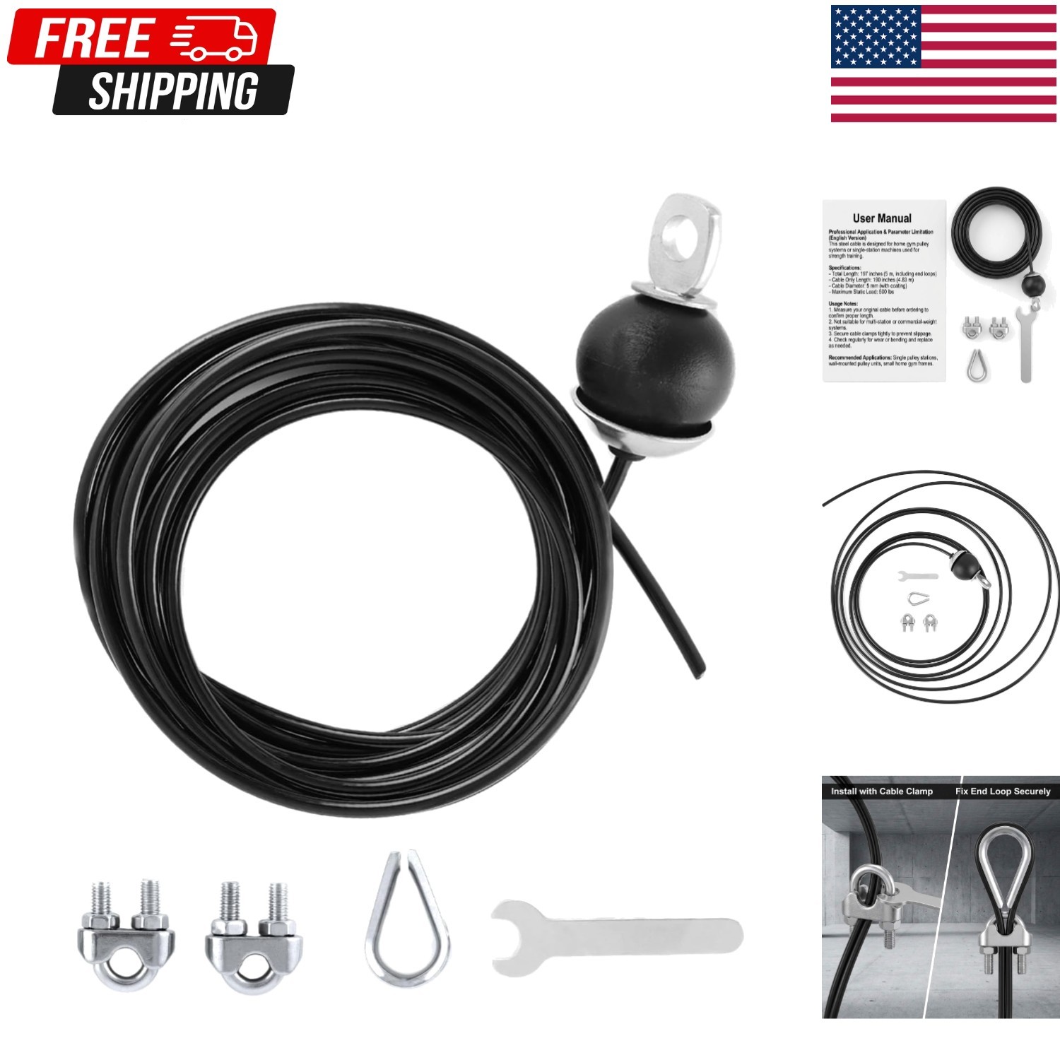 Cable 197Inch Adjustable Home Gym Cable Pulley System Replacement Fitness Cable