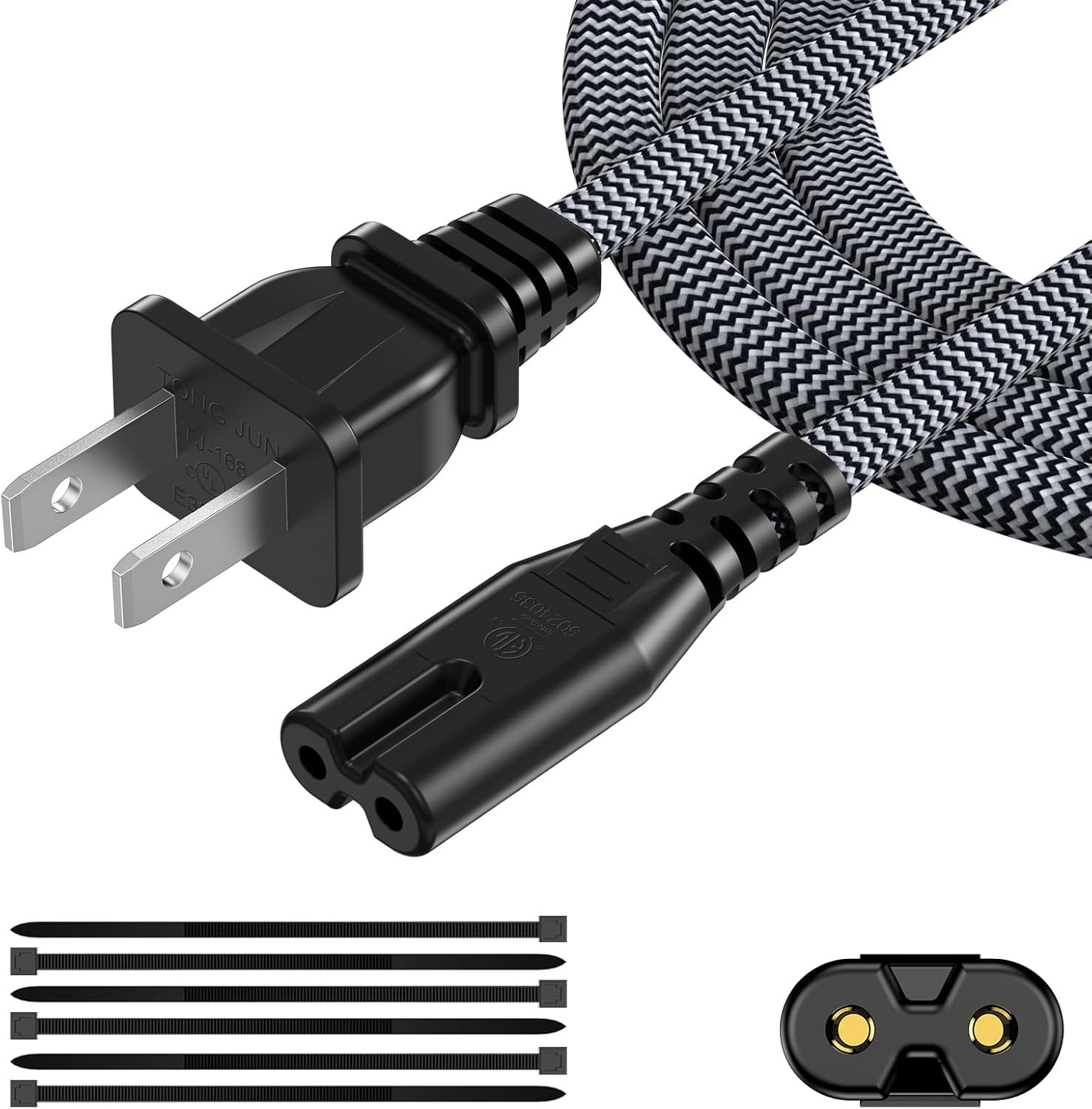 AC Power Cord 20FT (1 Pack), 2 Prong TV Power Cord, Nylon Braid Cable Replacemen