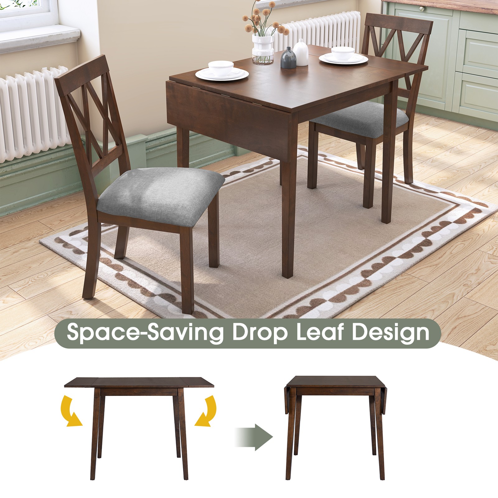3 Piece Kitchen Dining Set with Drop Leaf Dining Table and 2 Dining Upholstere
