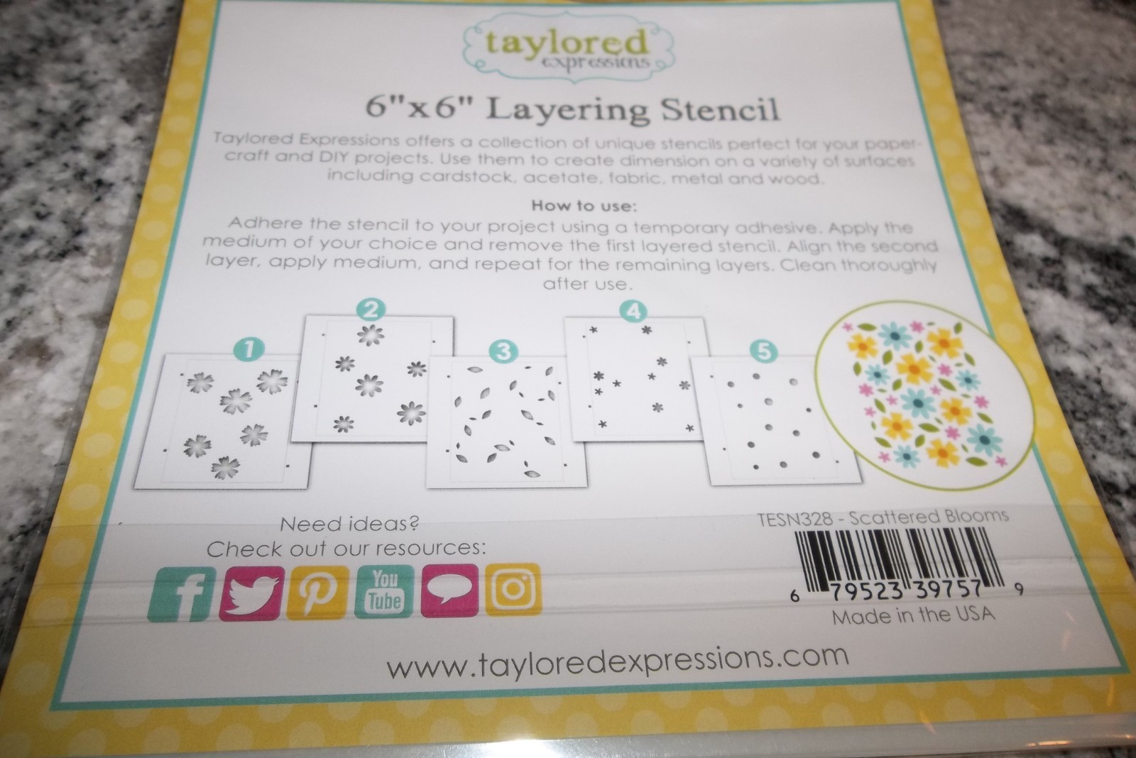 Taylored Expressions 6" X 6" Layering Stencil "Scattered Blooms  New