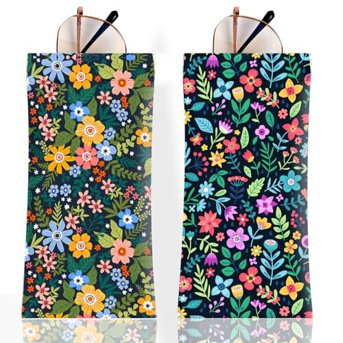 2Pcs Sunglass Eyeglass Glasses Case Soft PU Leather with Cleaning Flowers C