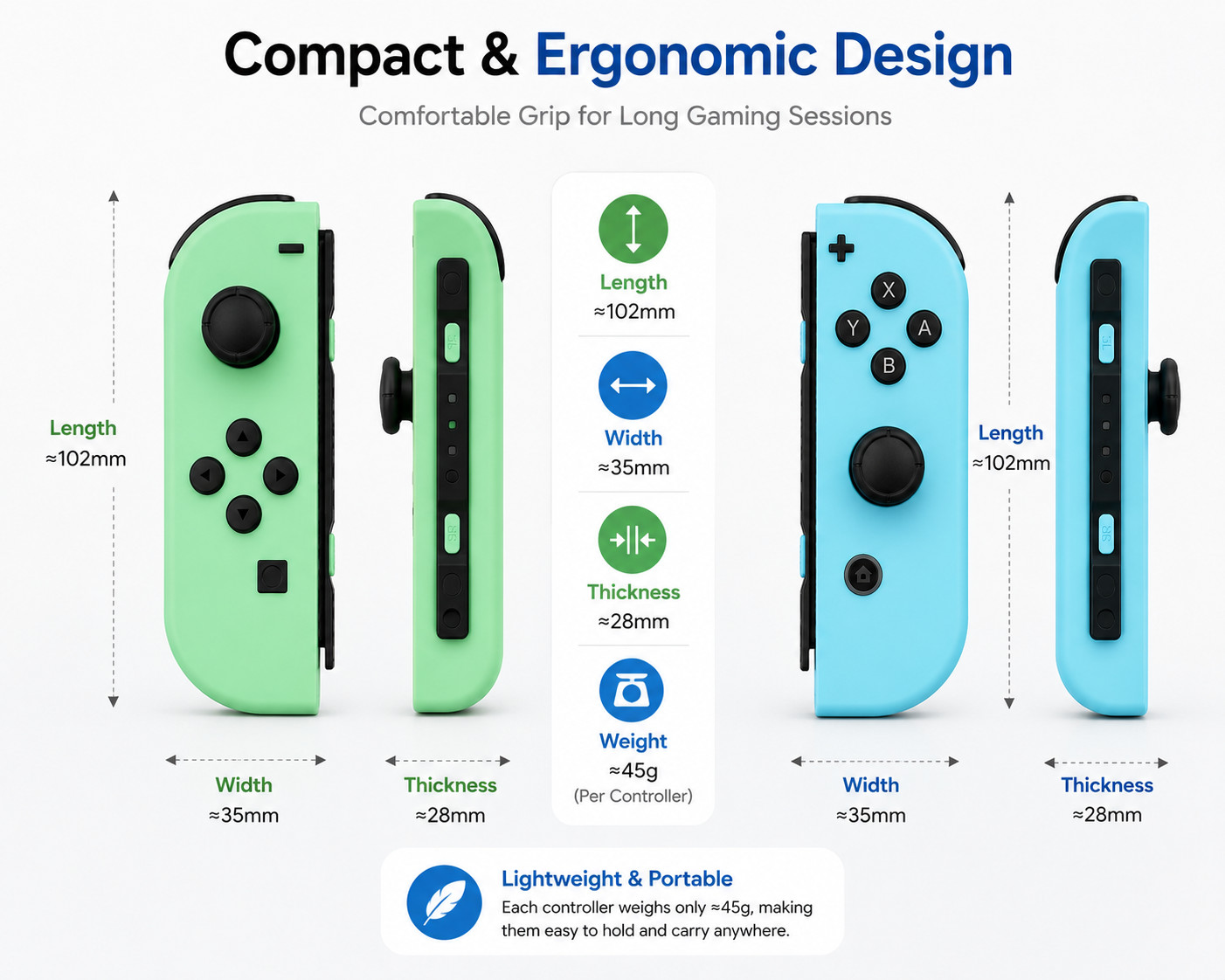 Wireless Controller Pair Compatible with Nintendo Switch L/R Green Blue