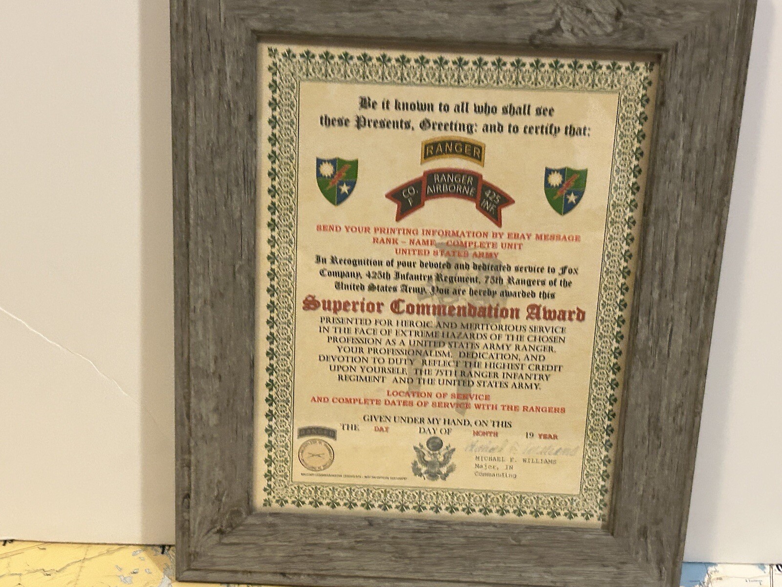 U.S. ARMY - 75TH RANGER / F CO 425 INF - SUPERIOR COMMENDATION AWARD CERTIFICATE