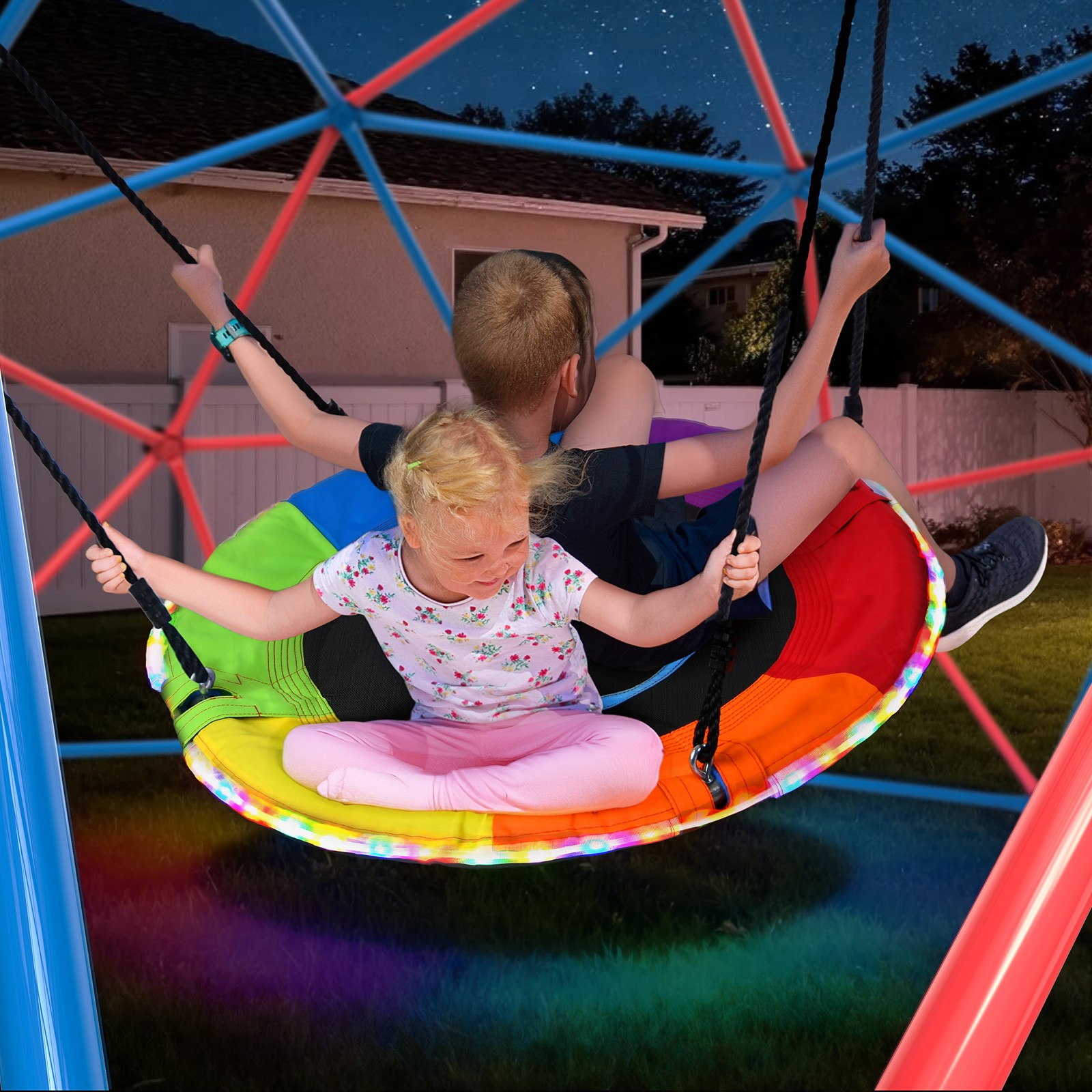 10ft Climbing Dome with LED Saucer Swing Jungle Gym Outdoor Fun Dome Swing Set